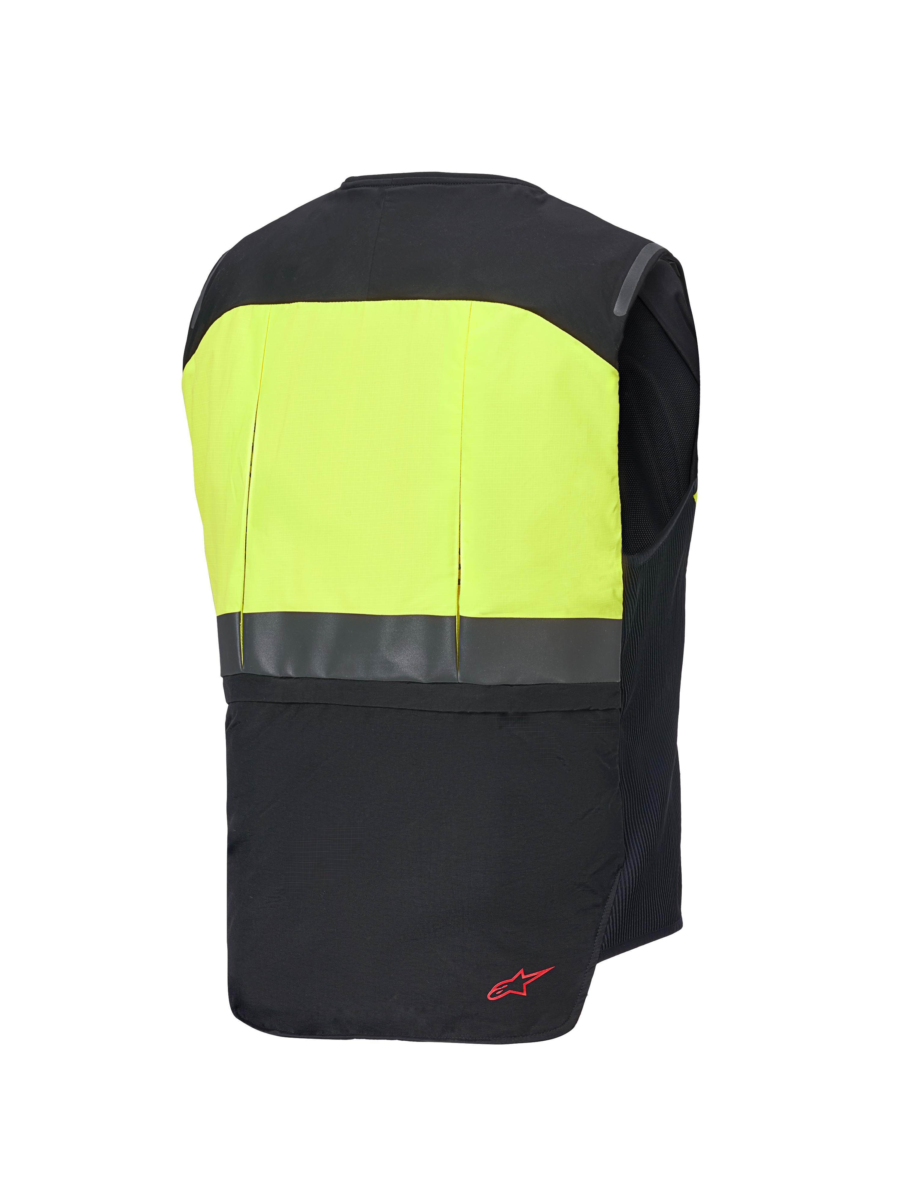 Alpinestars Tech-Air® 3 V2 System, motocyklowa kamizelka z poduszką powietrzną, widok z tyłu, czarno-żółta fluo, z żółtym panelem o wysokiej widoczności na górze pleców, odblaskowym poziomym paskiem i czerwonym detalem logo