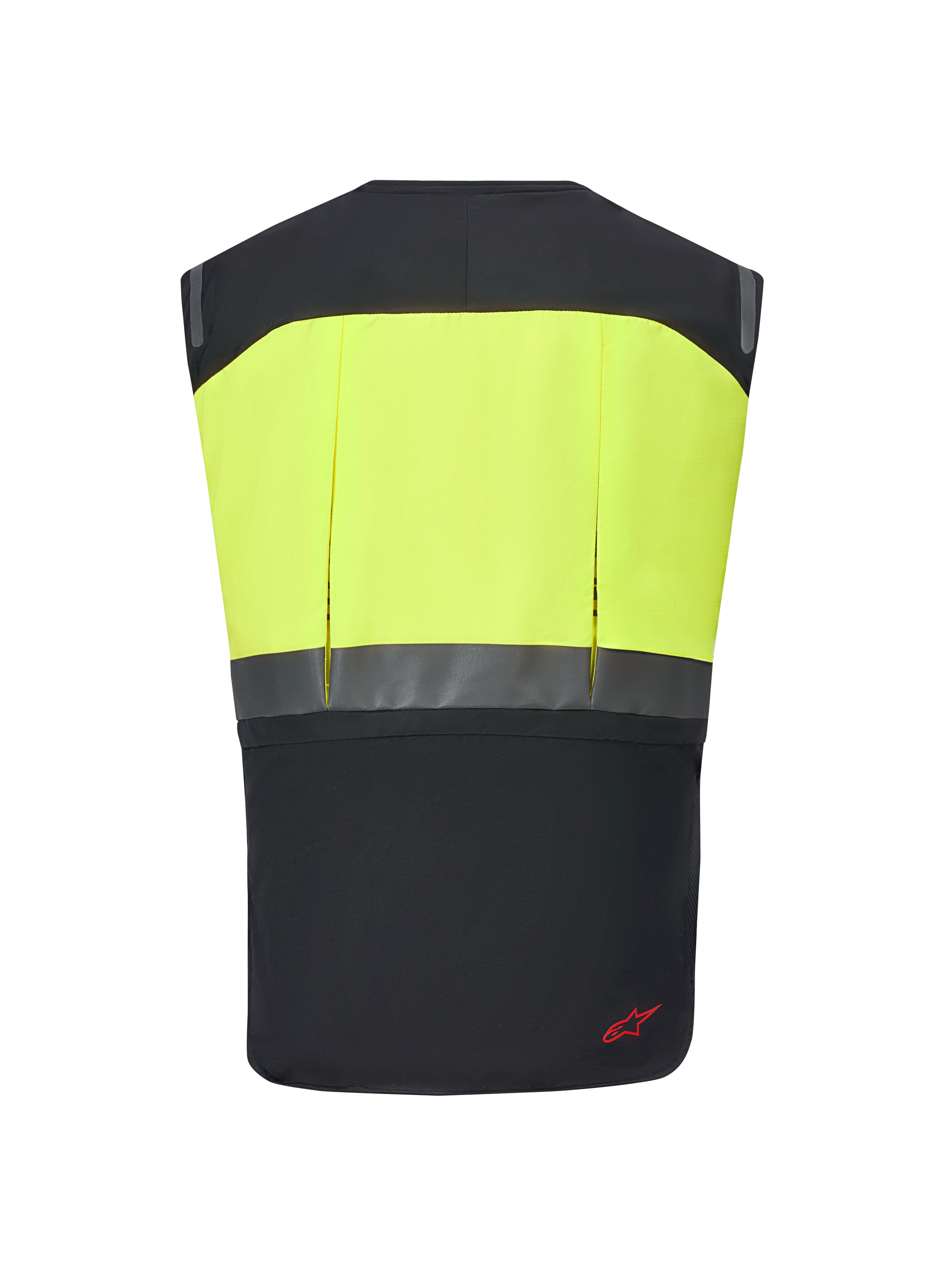 System Alpinestars Tech-Air® 3 V2, motocyklowa kamizelka z poduszką powietrzną, czarno-żółty fluo, widok z tyłu z żółtym panelem o wysokiej widoczności i poziomym paskiem odblaskowym, smukła i lekka ochrona do turystyki i dojazdów