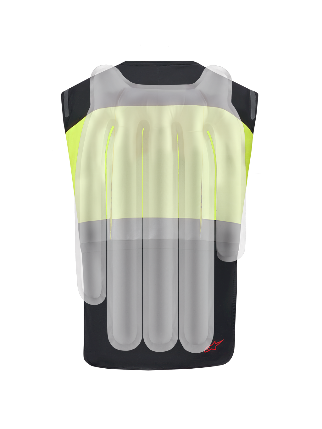 Alpinestars Tech-Air® 3 V2 System, motocyklowa kamizelka z poduszką powietrzną, czarna i żółta fluo, widok z tyłu z półprzezroczystą nakładką przedstawiającą wewnętrzne komory poduszki powietrznej dla ochrony kręgosłupa i ramion