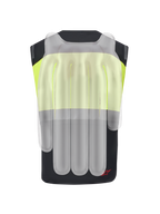Alpinestars Tech-Air® 3 V2 System, motocyklowa kamizelka z poduszką powietrzną, czarna i żółta fluo, widok z tyłu z półprzezroczystą nakładką przedstawiającą wewnętrzne komory poduszki powietrznej dla ochrony kręgosłupa i ramion
