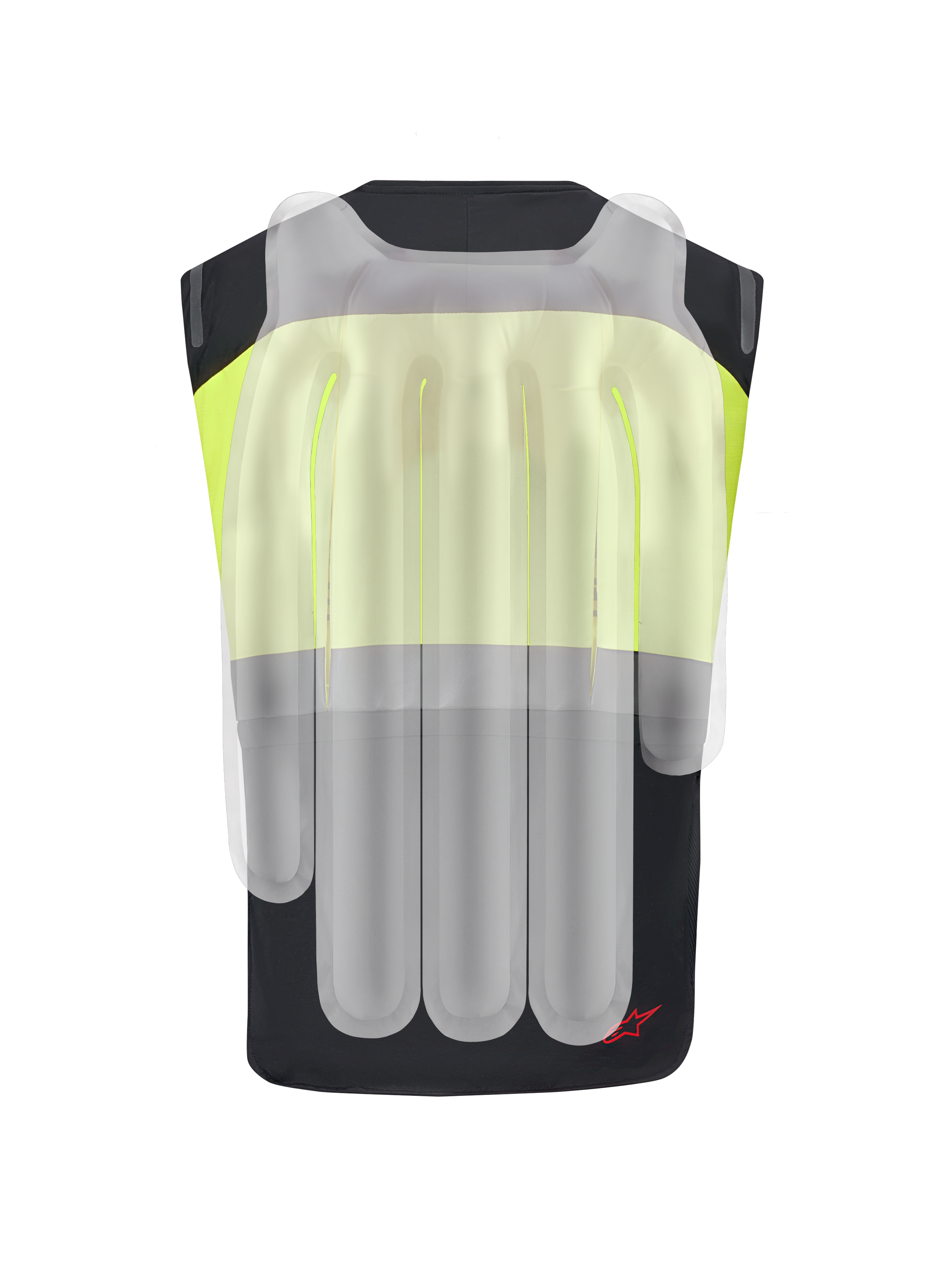 Alpinestars Tech-Air® 3 V2 System, motocyklowa kamizelka z poduszką powietrzną, czarna i żółta fluo, widok z tyłu z półprzezroczystą nakładką przedstawiającą wewnętrzne komory poduszki powietrznej dla ochrony kręgosłupa i ramion