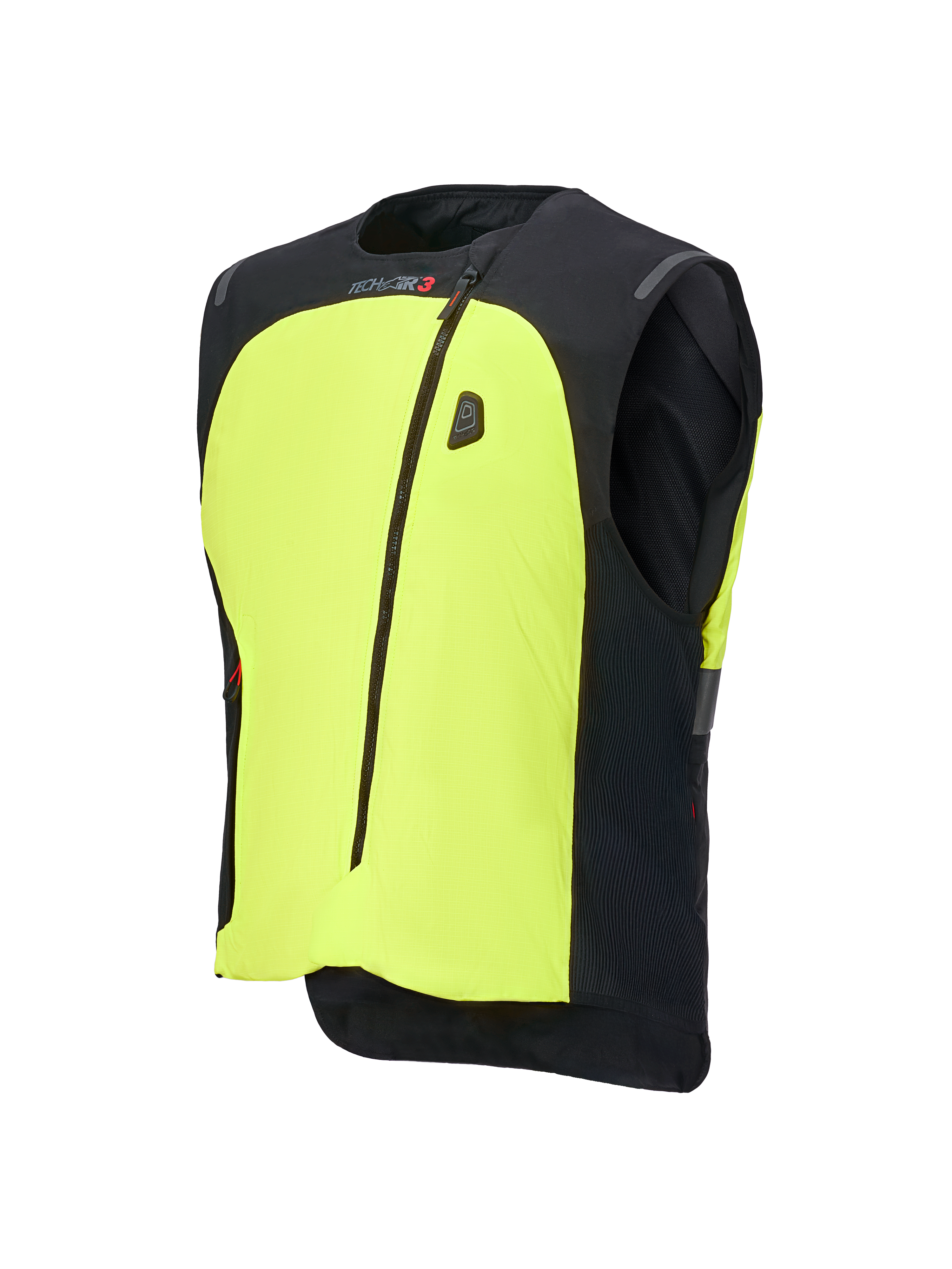 Alpinestars Tech-Air® 3 V2 System, motocyklowa kamizelka z poduszką powietrzną, czarna i neonowa żółta, z wyraźnym żółtym panelem przednim, centralnym zamkiem błyskawicznym, zintegrowanym wyświetlaczem LED i brandingiem Tech-Air, lekka autonomiczna ochrona do jazdy drogowej