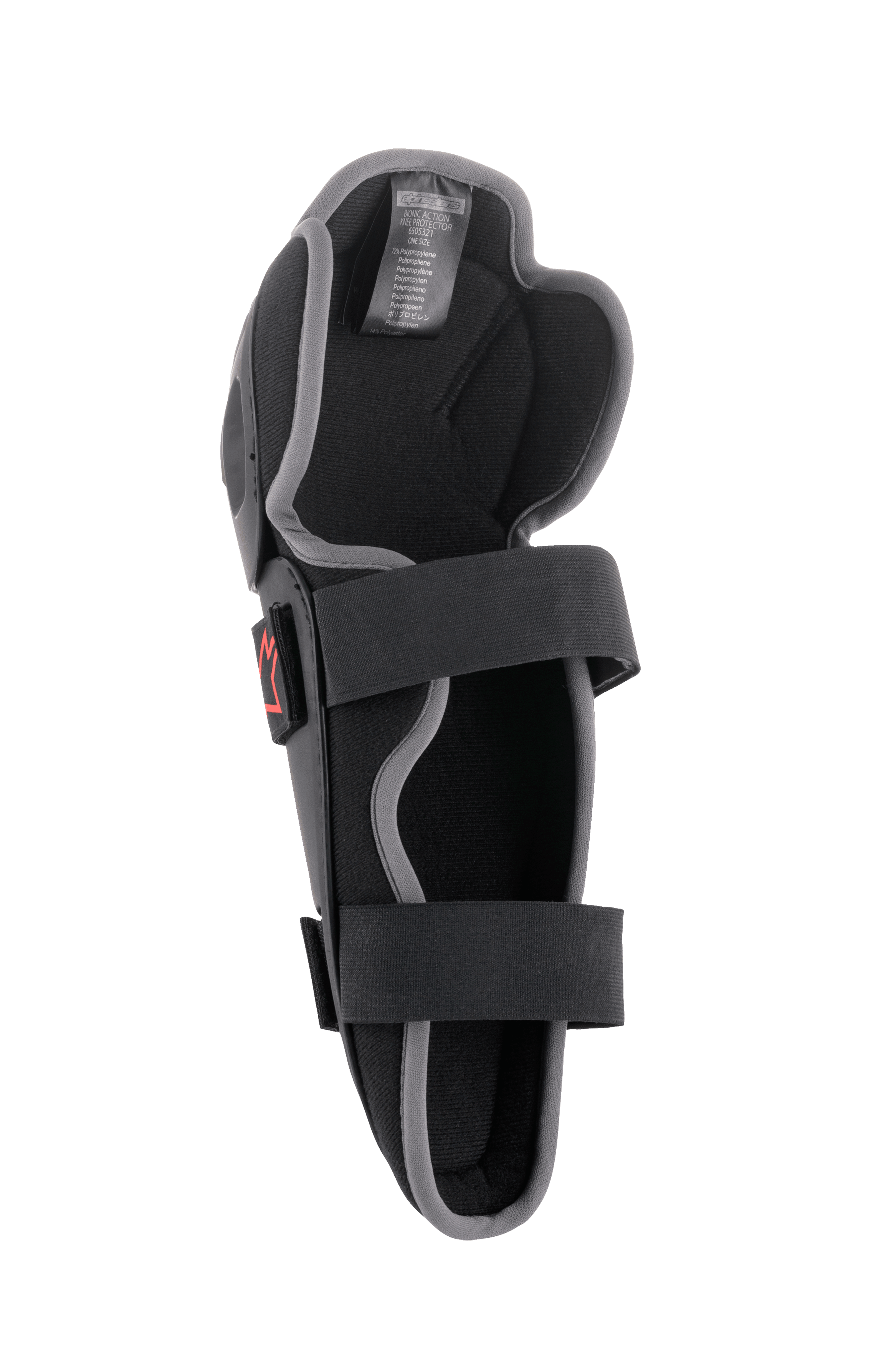 Alpinestars Bionic Action Knee Protector, ochraniacz motocrossowy na kolana, czarno-szary, widok od wewnątrz z podwójnym systemem elastycznych pasków, piankową wyściółką i ergonomiczną asymetryczną konstrukcją do jazdy off-road