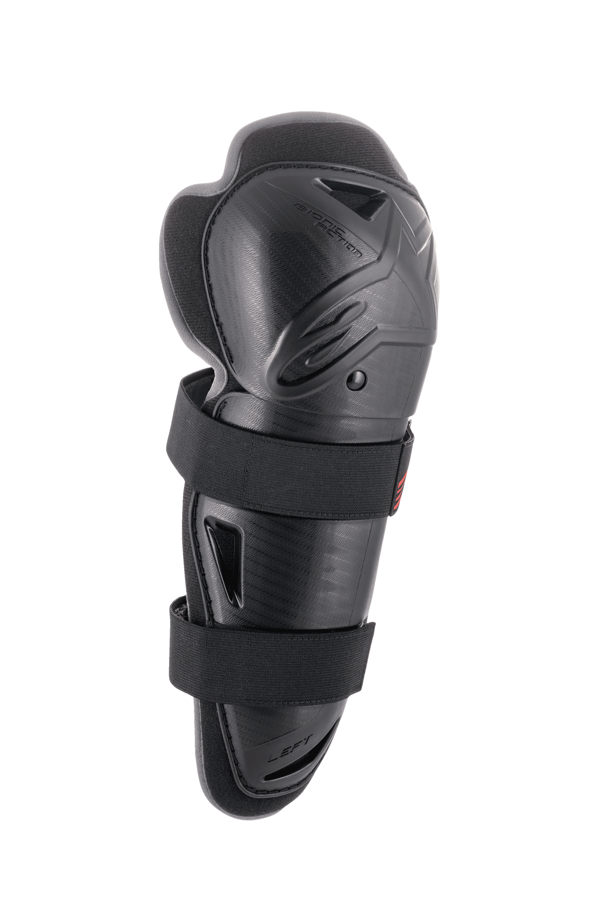 Alpinestars Bionic Action Knee Protector, czarny ochraniacz na kolano, lewa strona, twarda skorupa z dwoma elastycznymi paskami, ochrona przed uderzeniami do motocrossu i off-roadu, wentylowany ergonomiczny design z miękką wyściółką