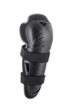Alpinestars Bionic Action Knee Protector, czarny ochraniacz na kolano, lewa strona, twarda skorupa z dwoma elastycznymi paskami, ochrona przed uderzeniami do motocrossu i off-roadu, wentylowany ergonomiczny design z miękką wyściółką
