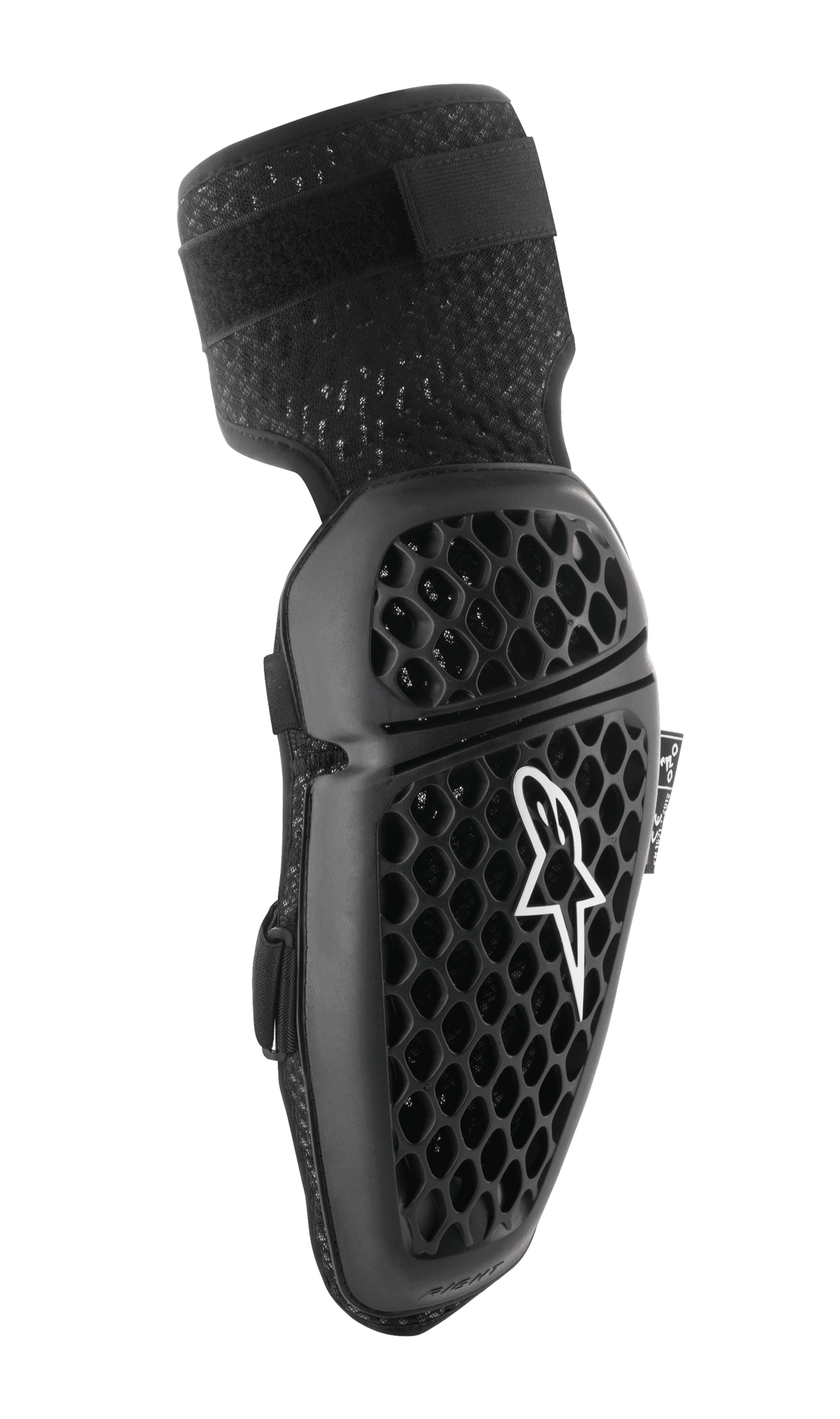 Alpinestars Bionic Plus, ochraniacze na łokcie, czarne, motocrossowe ochraniacze łokci, wzór plastra miodu dla wentylacji, ergonomiczna zakrzywiona konstrukcja, teksturowany elastyczny pasek, certyfikat CE, widok z prawej strony