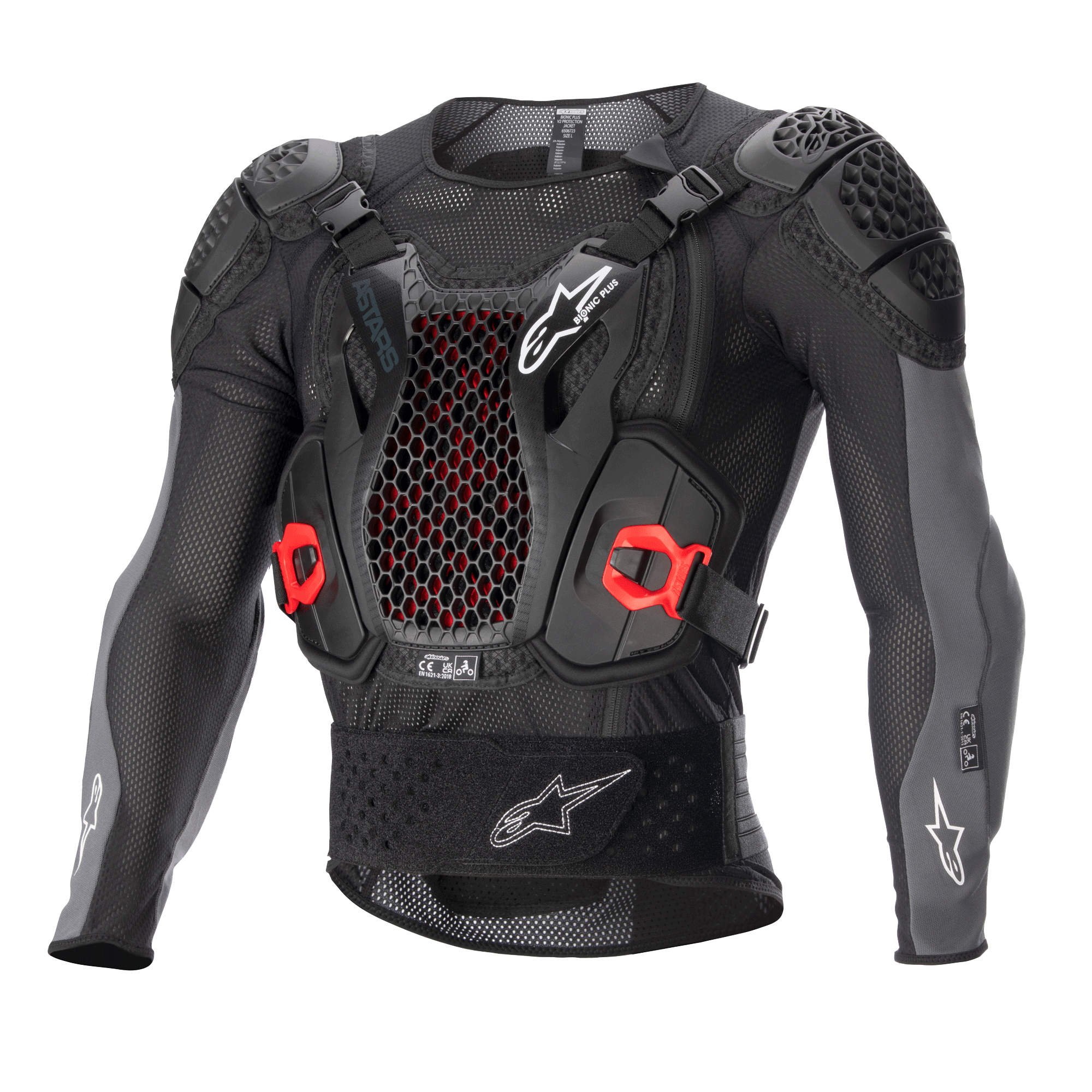 Alpinestars Bionic Plus V2 Protection Jacket, Motocross Body Armor, Black and Anthracite Gray with Red accents, featuring a honeycomb mesh chest protector, padded shoulders and elbows, breathable mesh design for off-road racing