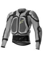 Alpinestars Bionic Action V2 Protection Jacket, Off-Road Motorcycle Body Armor, Gray and Black with Yellow Fluo accents, featuring honeycomb-patterned Cell Technology chest and shoulder protection, breathable mesh construction, adjustable straps, and a secure waist belt for motocross and enduro riding.