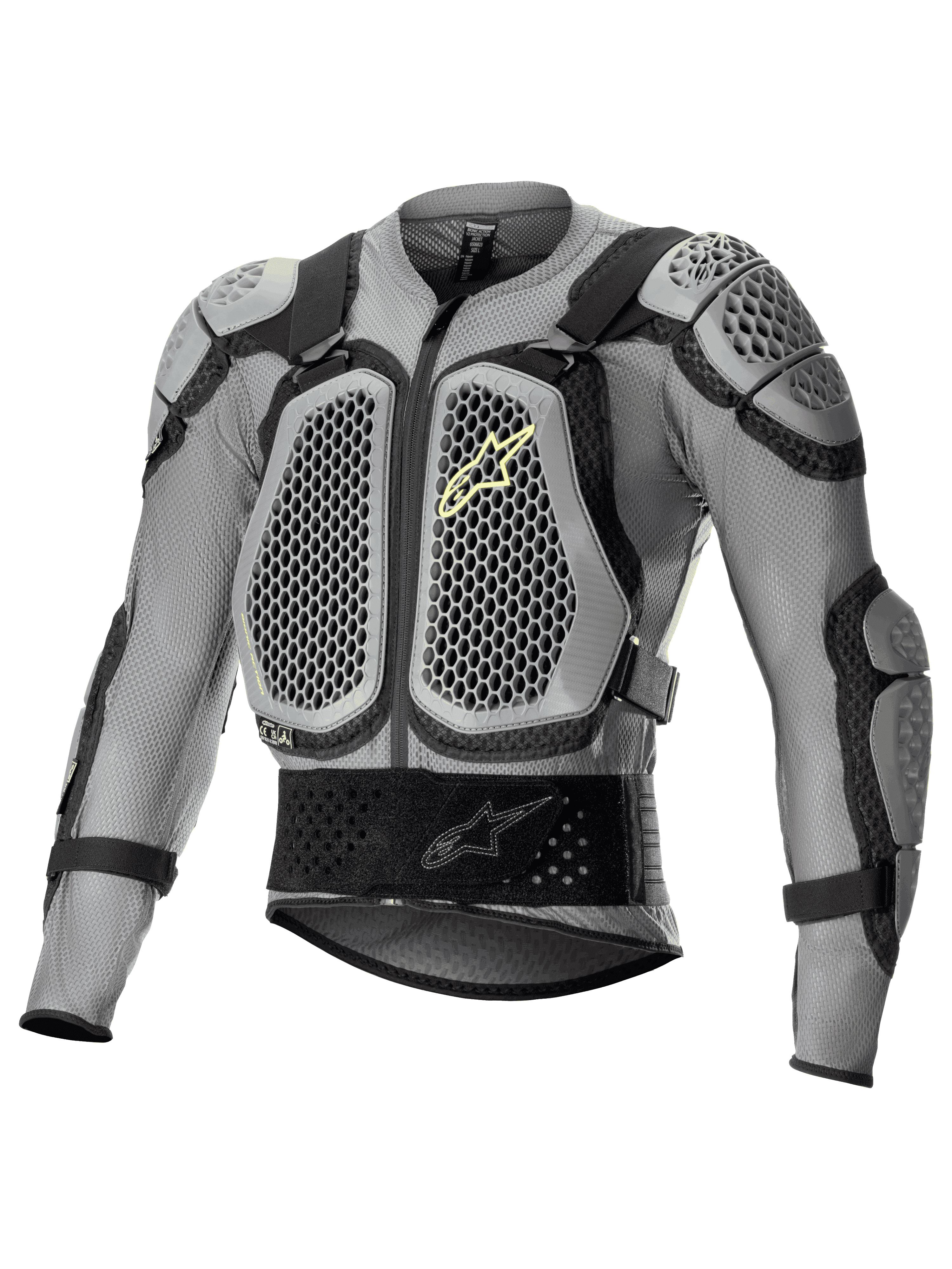 Alpinestars Bionic Action V2 Protection Jacket, motocyklowa zbroja off-road, szaro-czarna z żółtymi akcentami fluo, wyposażona w ochraniacze klatki piersiowej i ramion Cell Technology o strukturze plastra miodu, oddychająca siatkowa konstrukcja, regulowane paski i pas biodrowy, idealna do motocrossu i enduro