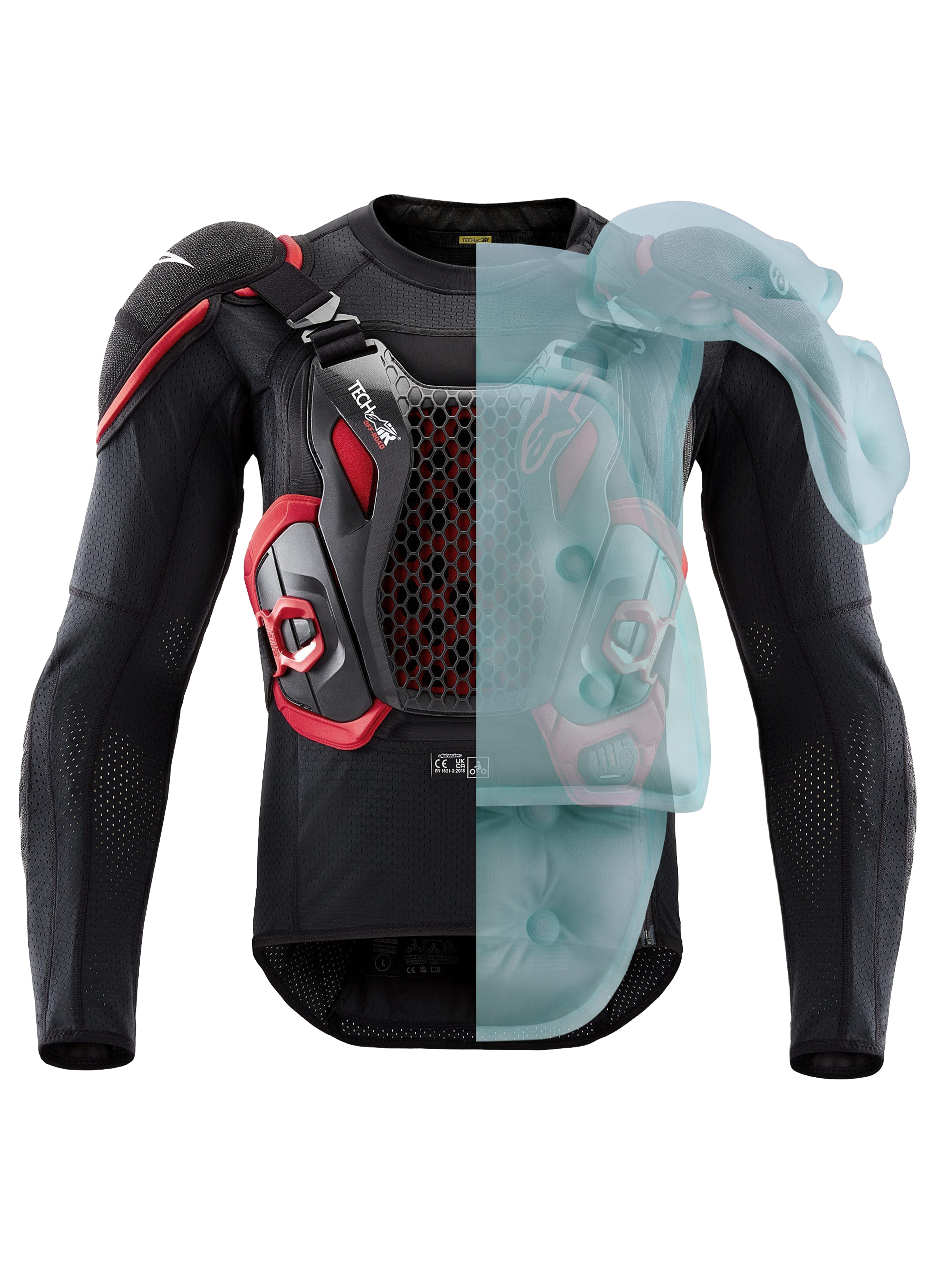 Alpinestars Poduszka Powietrzna Tech-Air® Off-Road, kurtka ochronna enduro i rajdowa homologowana przez FIM, czarno-czerwona, z widocznym aktywnym pokryciem poduszki powietrznej po jednej stronie