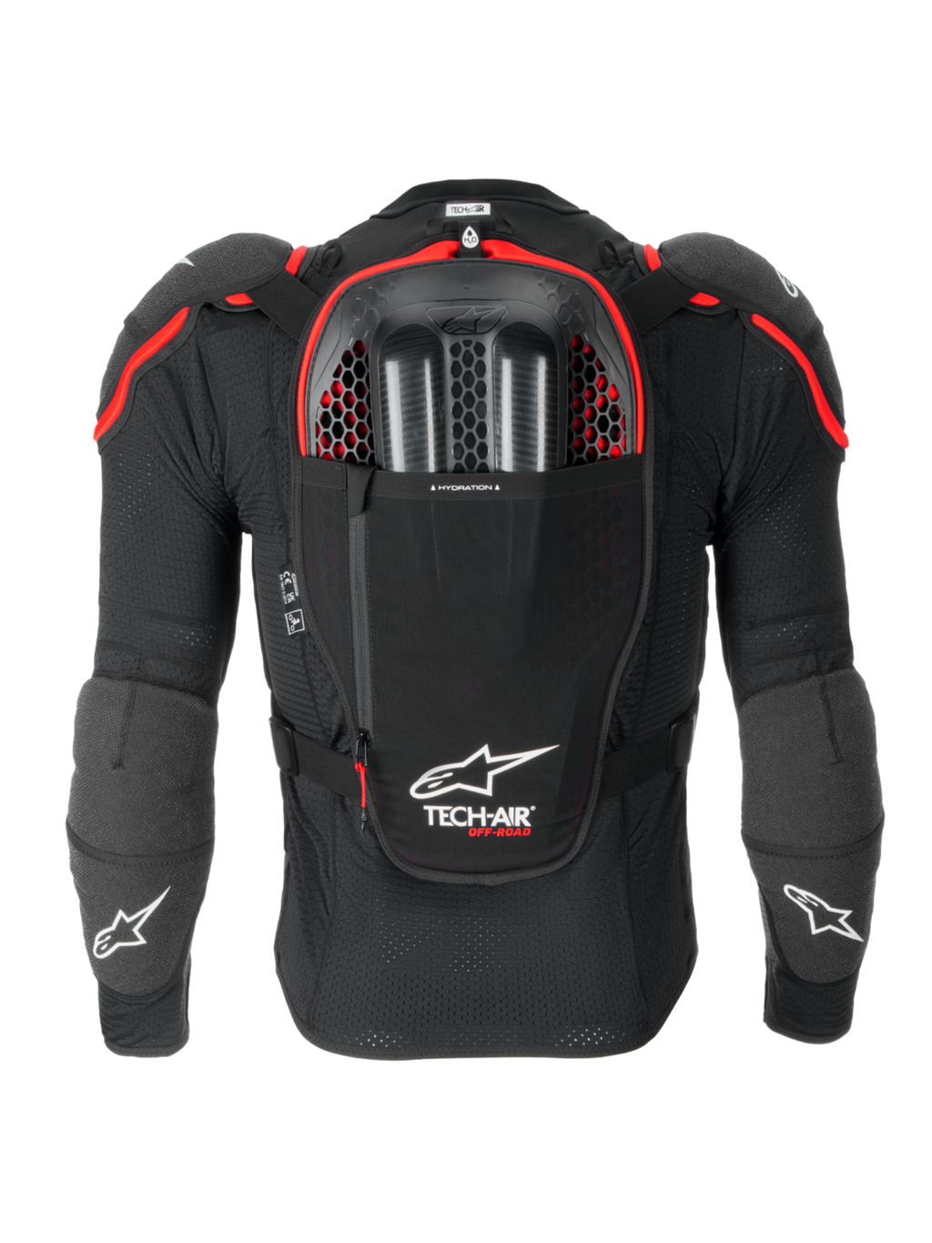 Alpinestars Tech-Air® Off-Road System, czarny motocyklowy system poduszki powietrznej off-road, widok z tyłu, zintegrowany ochraniacz pleców Nucleon CELL, komora na bukłak i ochrona CE Poziom 1