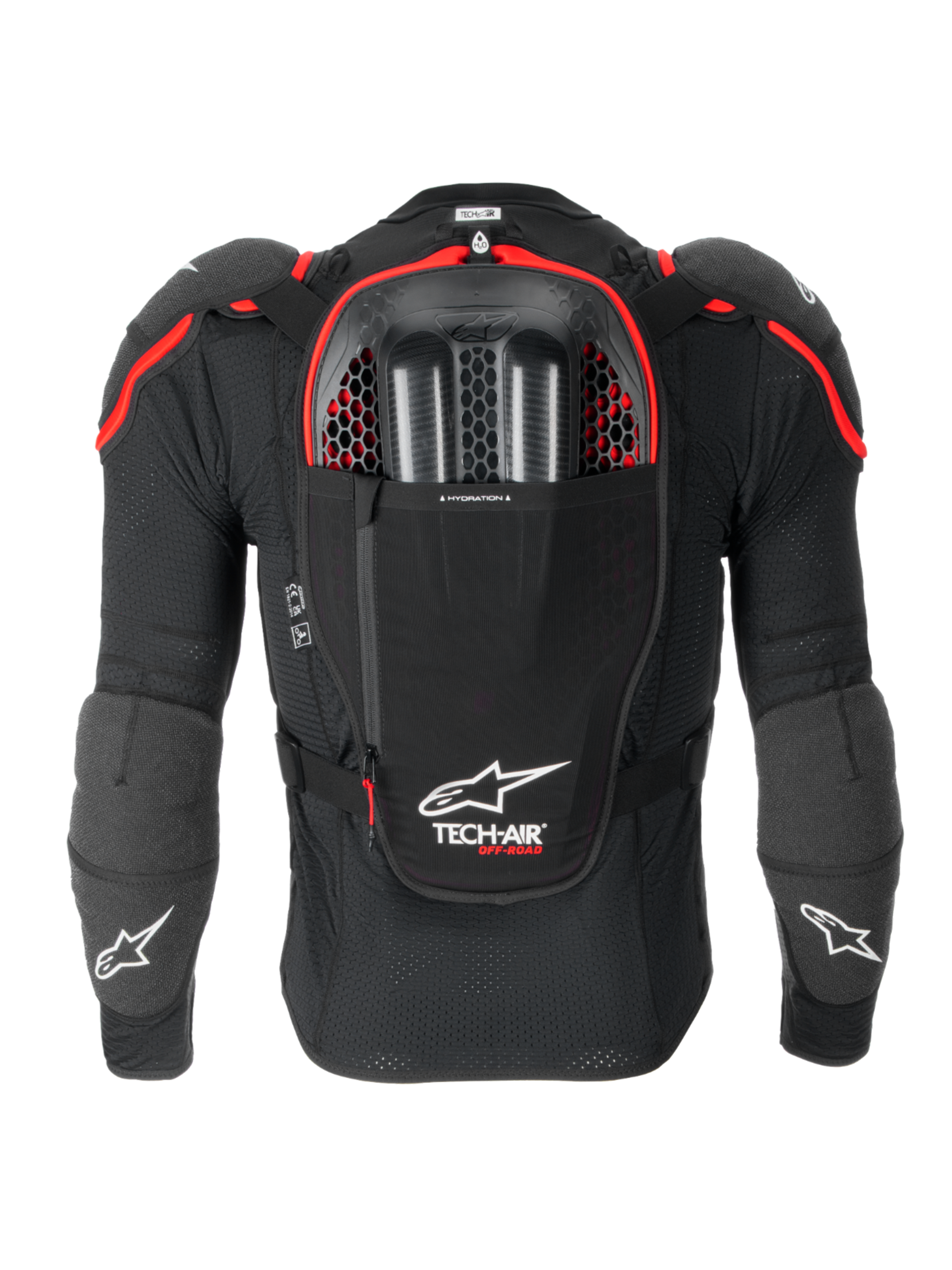Alpinestars Tech-Air® Off-Road System, czarny motocyklowy system poduszki powietrznej off-road, widok z tyłu, zintegrowany ochraniacz pleców Nucleon CELL, komora na bukłak i ochrona CE Poziom 1