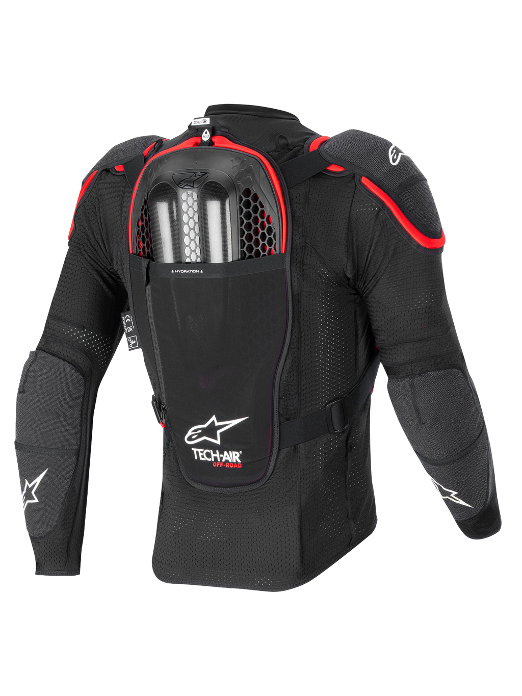 Alpinestars Poduszka Powietrzna Tech-Air Off-Road, kurtka ochronna motocyklowa terenowa, widok z tyłu, czarna i czerwona, ze zintegrowanym ochraniaczem pleców Nucleon CELL i komorą na podwójne naboje