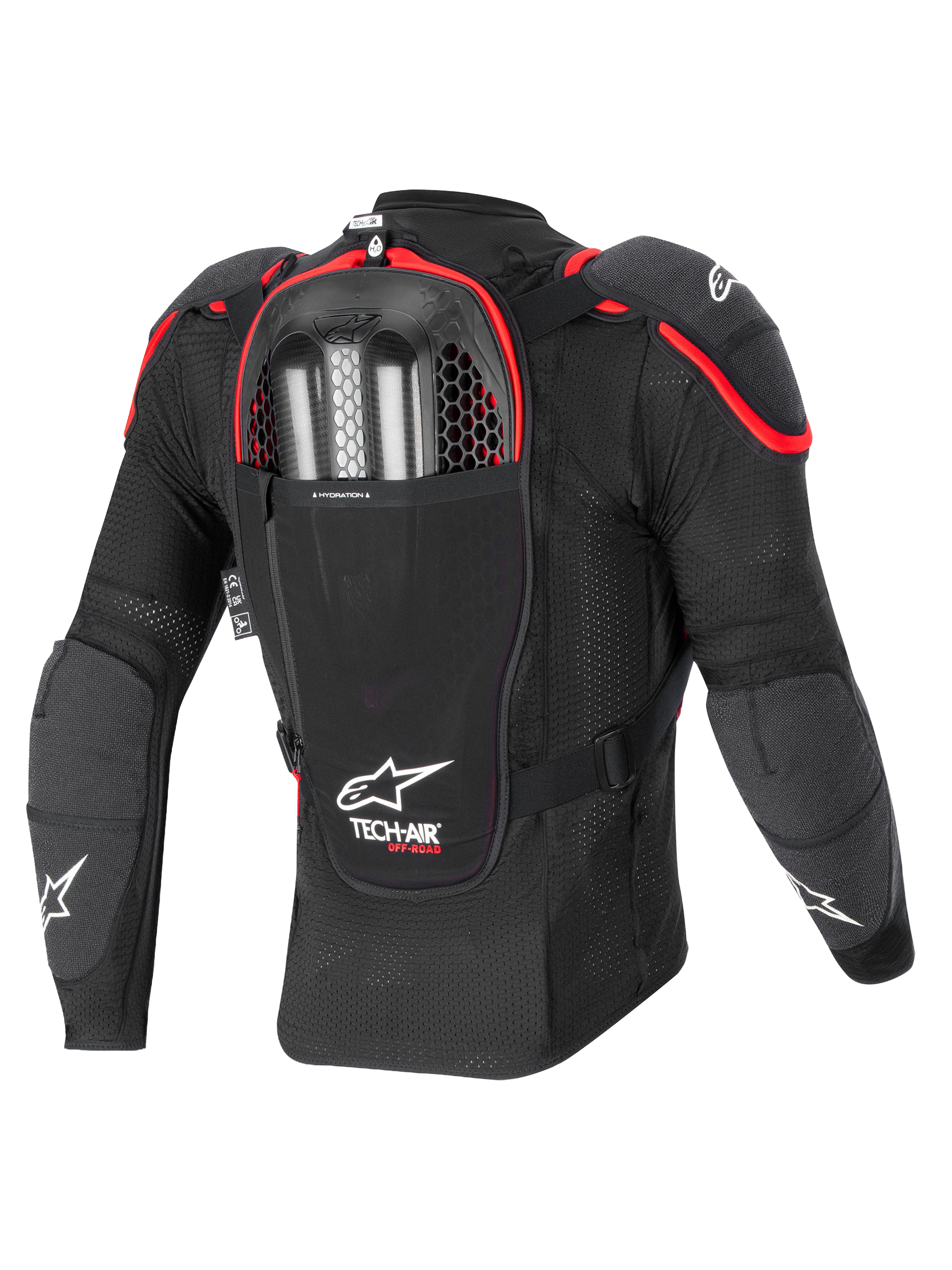 Alpinestars Poduszka Powietrzna Tech-Air Off-Road, kurtka ochronna motocyklowa terenowa, widok z tyłu, czarna i czerwona, ze zintegrowanym ochraniaczem pleców Nucleon CELL i komorą na podwójne naboje