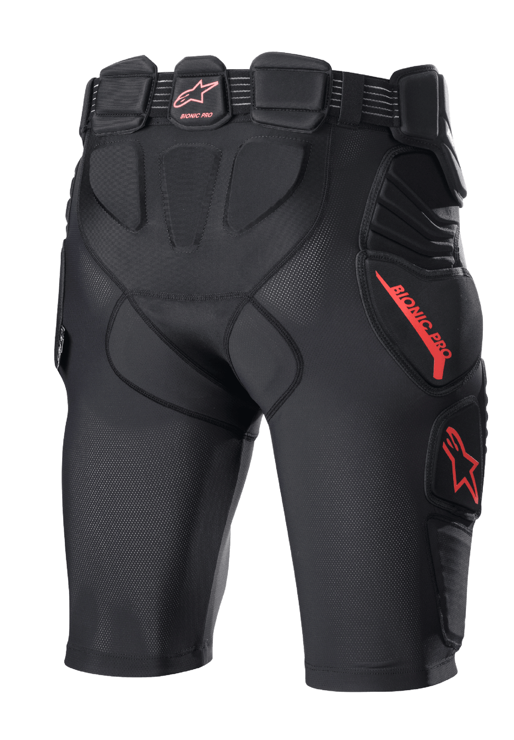 Alpinestars Bionic Pro Protection Shorts, spodenki ochronne do motocrossu, czarno-czerwone, widok z tyłu ukazujący zintegrowane ochraniacze bioder i ud, oddychająca konstrukcja z siatki, czerwone logo i branding Alpinestars, ochronna warstwa bazowa do jazdy terenowej