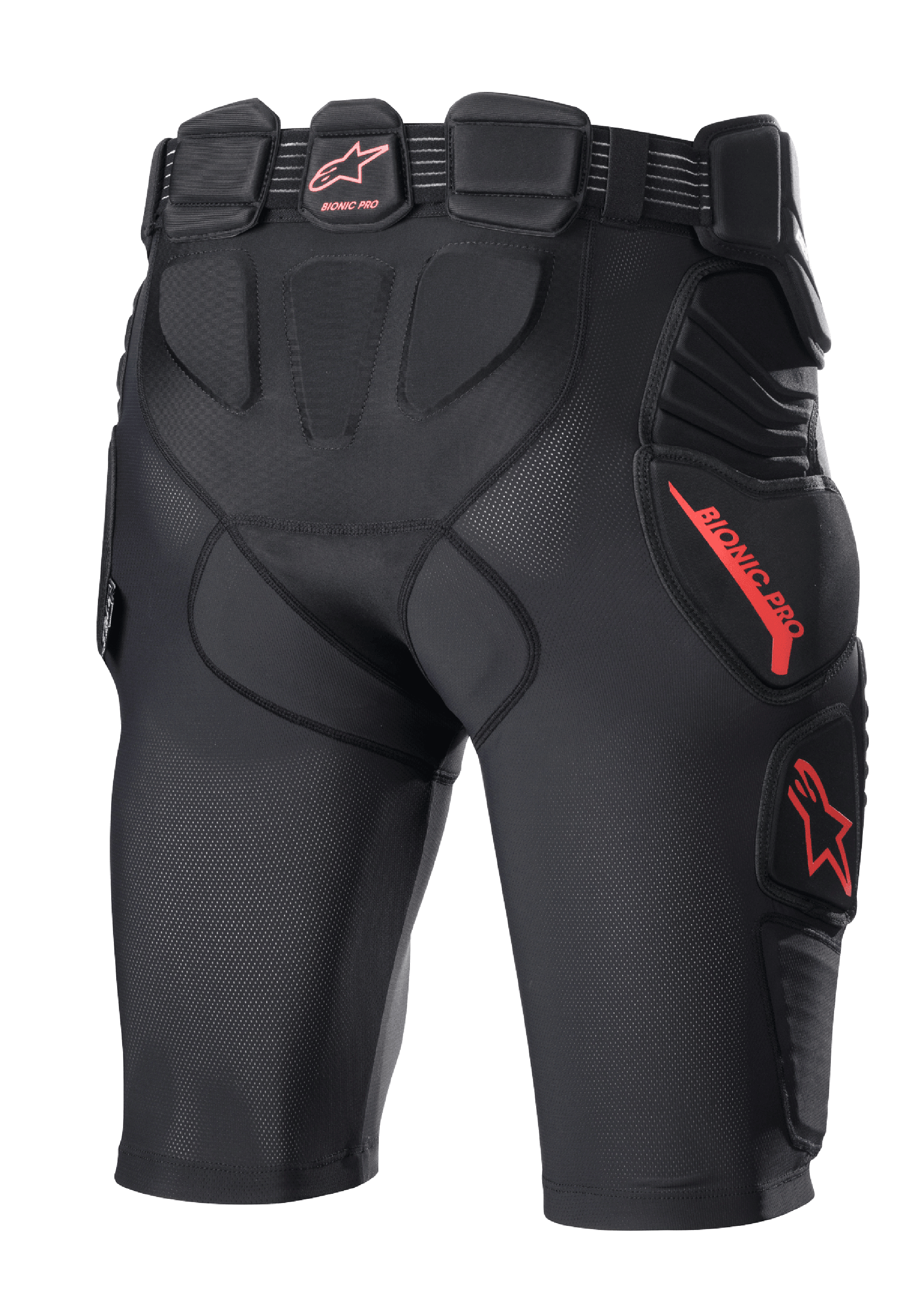 Alpinestars Bionic Pro Protection Shorts, spodenki ochronne do motocrossu, czarno-czerwone, widok z tyłu ukazujący zintegrowane ochraniacze bioder i ud, oddychająca konstrukcja z siatki, czerwone logo i branding Alpinestars, ochronna warstwa bazowa do jazdy terenowej