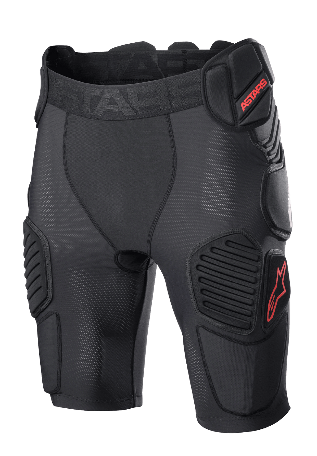 Alpinestars Bionic Pro Protection Shorts, ochronne spodenki motocrossowe, czarno-czerwone, wyściółki ochronne na biodrach i udach, oddychająca siateczka, elastyczny pas z czerwonym logo ASTARS, techniczna konstrukcja zapewniająca ochronę przed uderzeniami w terenie