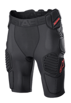 Alpinestars Bionic Pro Protection Shorts, ochronne spodenki motocrossowe, czarno-czerwone, wyściółki ochronne na biodrach i udach, oddychająca siateczka, elastyczny pas z czerwonym logo ASTARS, techniczna konstrukcja zapewniająca ochronę przed uderzeniami w terenie