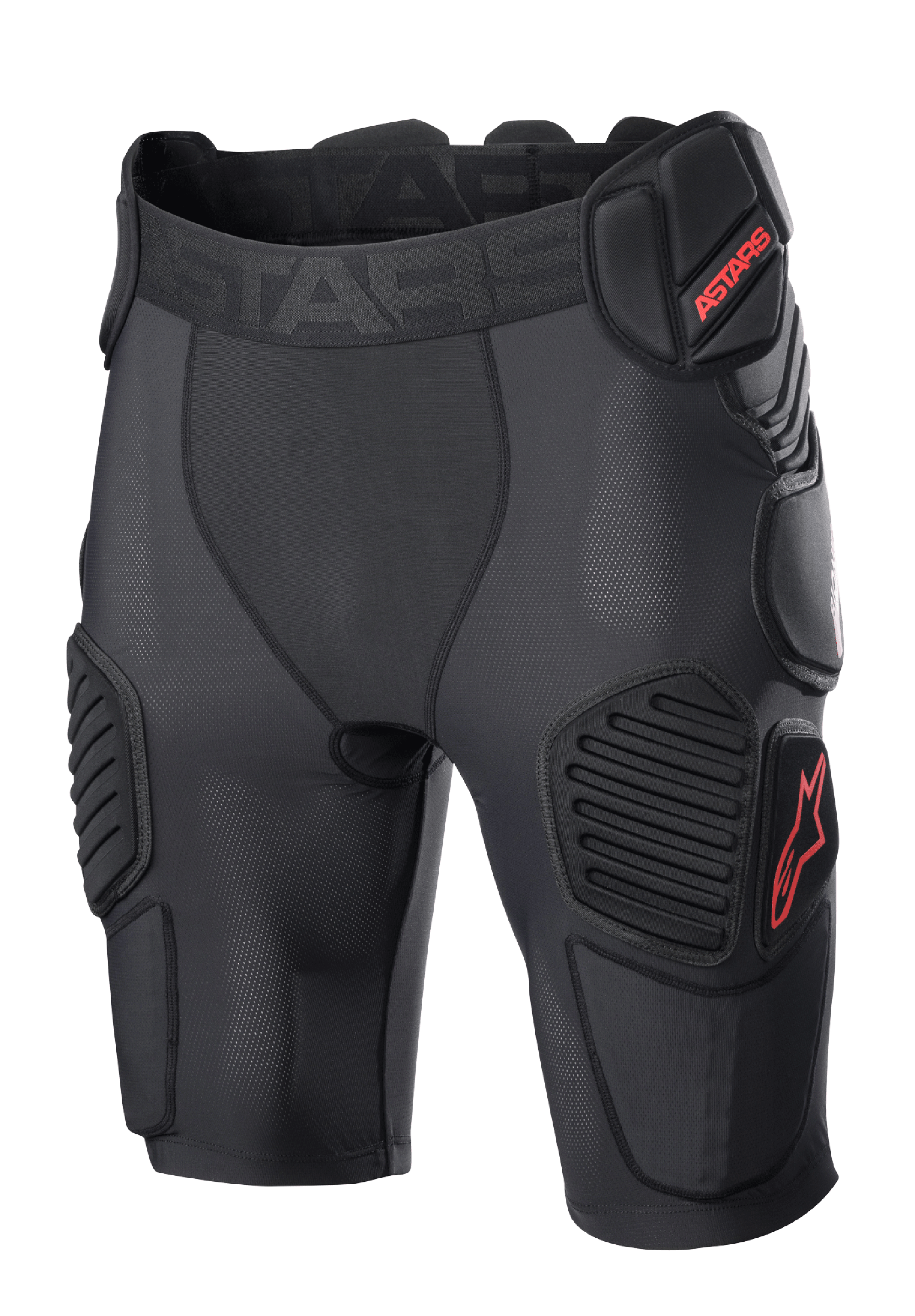 Alpinestars Bionic Pro Protection Shorts, ochronne spodenki motocrossowe, czarno-czerwone, wyściółki ochronne na biodrach i udach, oddychająca siateczka, elastyczny pas z czerwonym logo ASTARS, techniczna konstrukcja zapewniająca ochronę przed uderzeniami w terenie