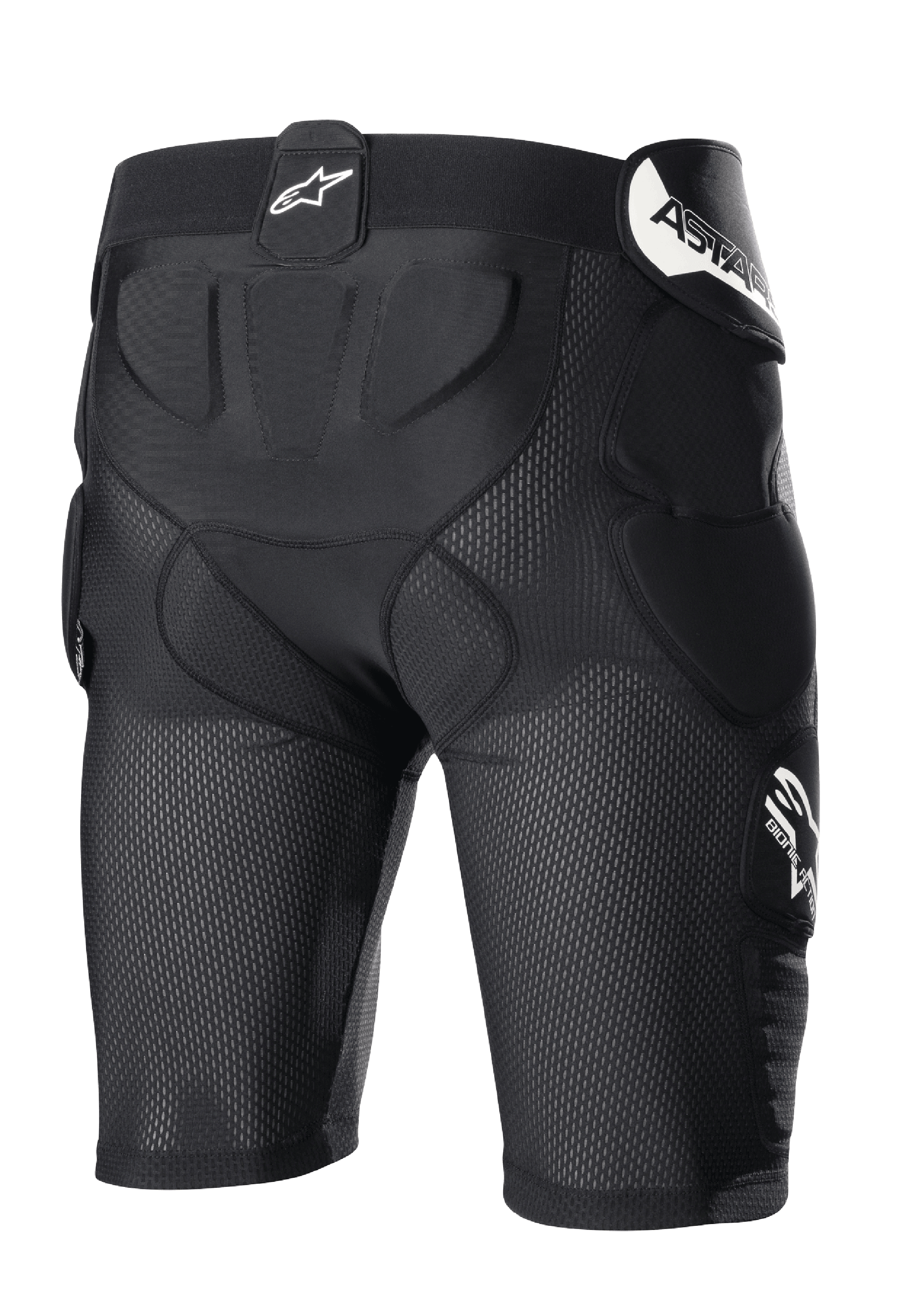 Alpinestars Bionic Action Protection Shorts, czarne spodenki ochronne do motocrossu, oddychająca konstrukcja z siateczki, zintegrowane ochraniacze na biodrach i kości ogonowej, białe logo na pasku i z boku