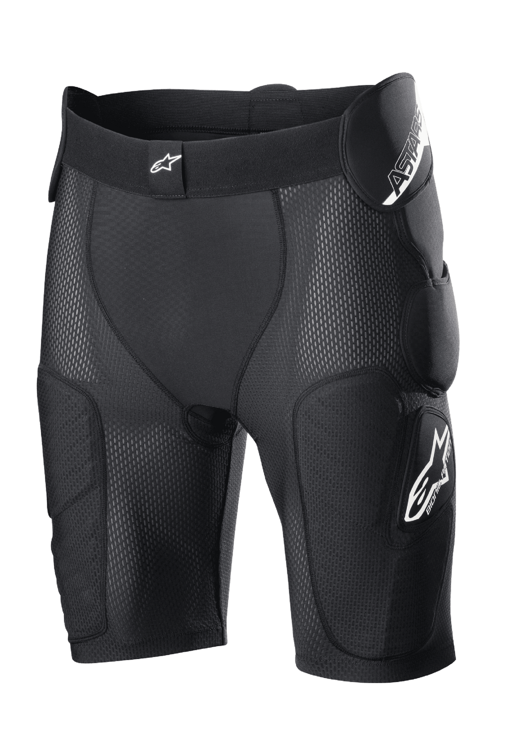 Alpinestars Bionic Action Protection Shorts, czarne, ze zintegrowanymi ochraniaczami bioder i ud, oddychająca konstrukcja z siateczki, elastyczny pas z białym logo, odzież ochronna do motocrossu i jazdy terenowej