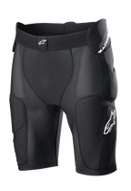 Alpinestars Bionic Action Protection Shorts, czarne, ze zintegrowanymi ochraniaczami bioder i ud, oddychająca konstrukcja z siateczki, elastyczny pas z białym logo, odzież ochronna do motocrossu i jazdy terenowej