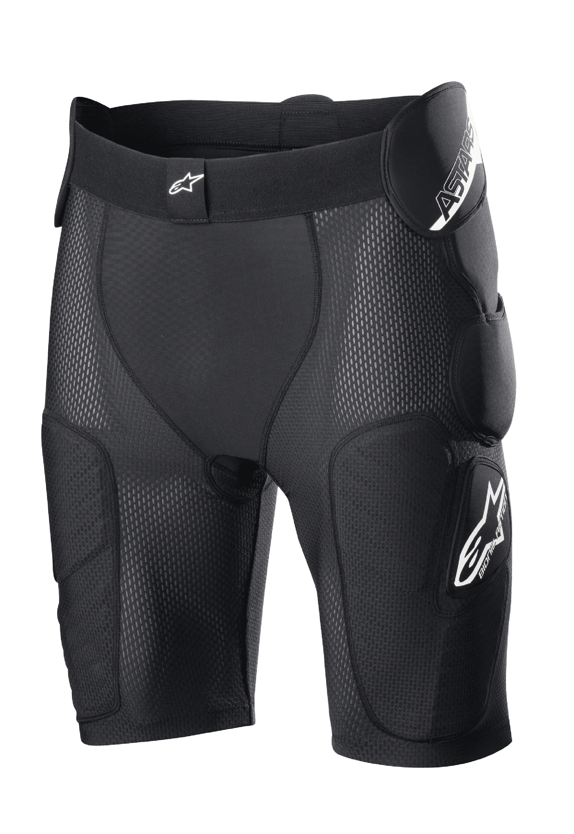 Alpinestars Bionic Action Protection Shorts, Black, featuring integrated hip and thigh padding, breathable mesh construction, elastic waistband with white logo, motocross and off-road protective gear