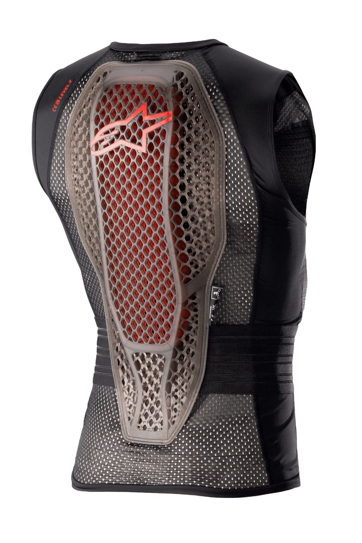 Alpinestars Nucleon Flex Pro Protection Vest, kamizelka ochronna motocyklowa, Transparent Smoke Red Black, widok z tyłu, hybrydowy ochraniacz pleców o strukturze Cell z czerwonymi akcentami, wentylowana czarna siatkowa konstrukcja, ergonomiczny design zapewniający bezpieczeństwo