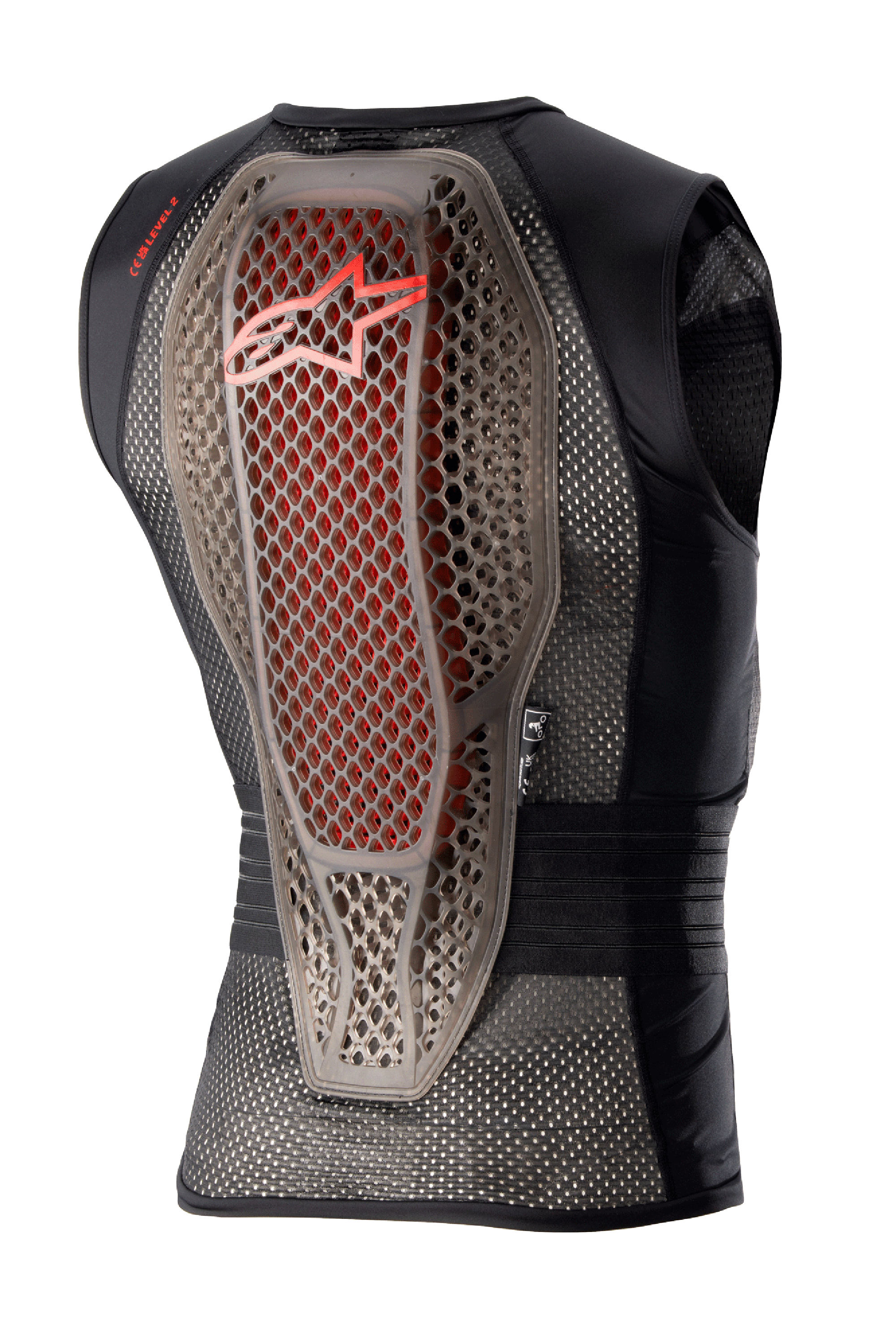 Alpinestars Nucleon Flex Pro Protection Vest, kamizelka ochronna motocyklowa, Transparent Smoke Red Black, widok z tyłu, hybrydowy ochraniacz pleców o strukturze Cell z czerwonymi akcentami, wentylowana czarna siatkowa konstrukcja, ergonomiczny design zapewniający bezpieczeństwo