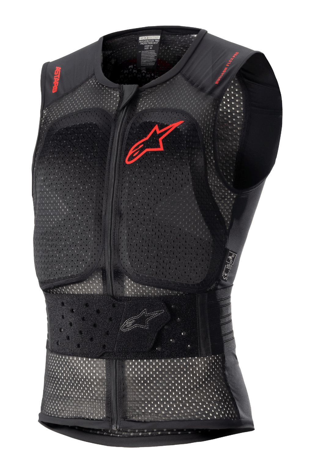 Alpinestars Nucleon Flex Pro Protection Vest, czarna motocyklowa kamizelka ochronna bez rękawów, perforowana konstrukcja mesh zapewniająca przepływ powietrza, czerwone logo Alpinestars na klatce piersiowej i czerwone napisy na ramionach, regulowany elastyczny pas w talii, zamek z przodu, certyfikowana ochrona pleców i klatki piersiowej CE Level 2