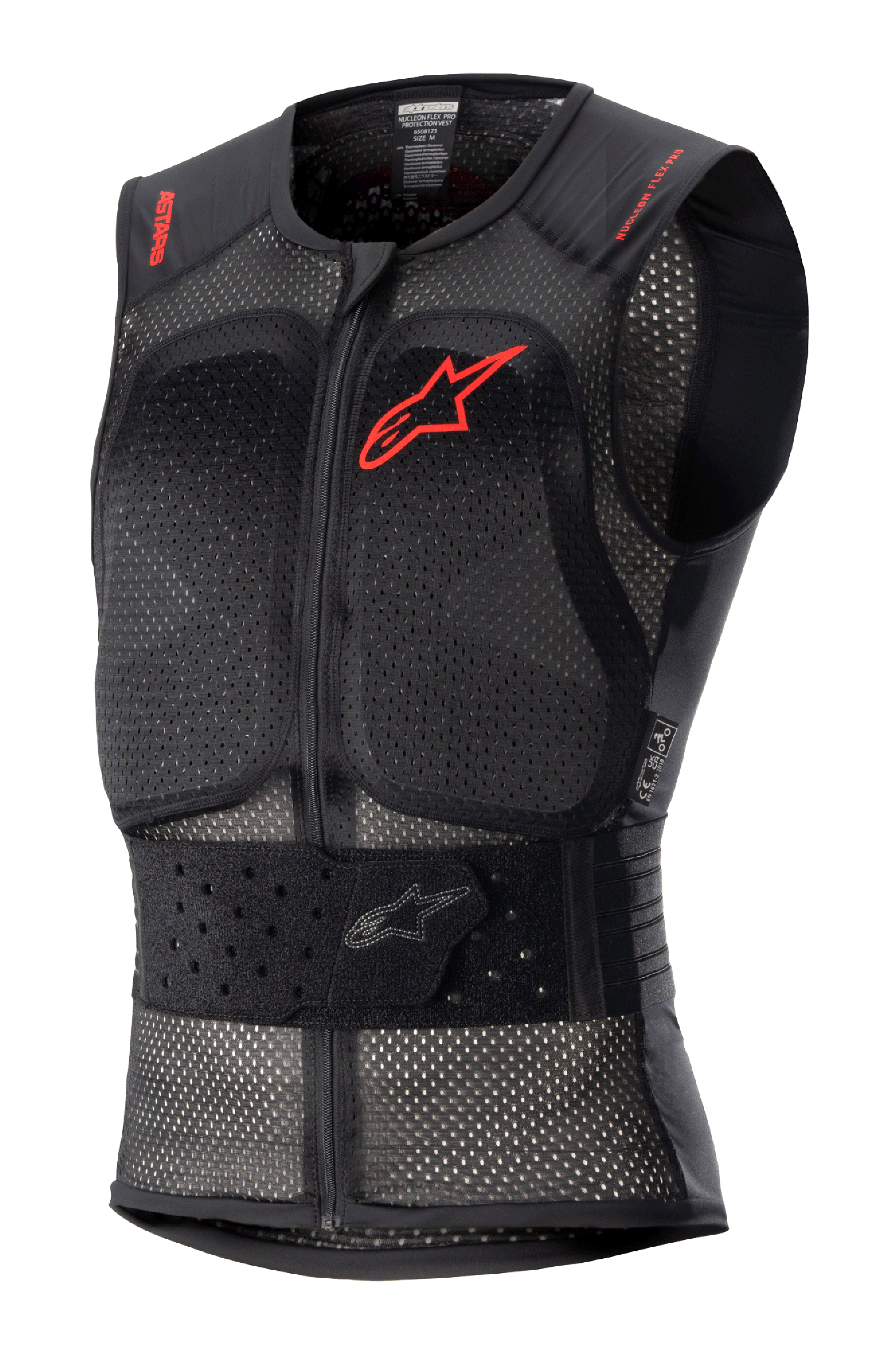 Alpinestars Nucleon Flex Pro Protection Vest, czarna motocyklowa kamizelka ochronna bez rękawów, perforowana konstrukcja mesh zapewniająca przepływ powietrza, czerwone logo Alpinestars na klatce piersiowej i czerwone napisy na ramionach, regulowany elastyczny pas w talii, zamek z przodu, certyfikowana ochrona pleców i klatki piersiowej CE Level 2