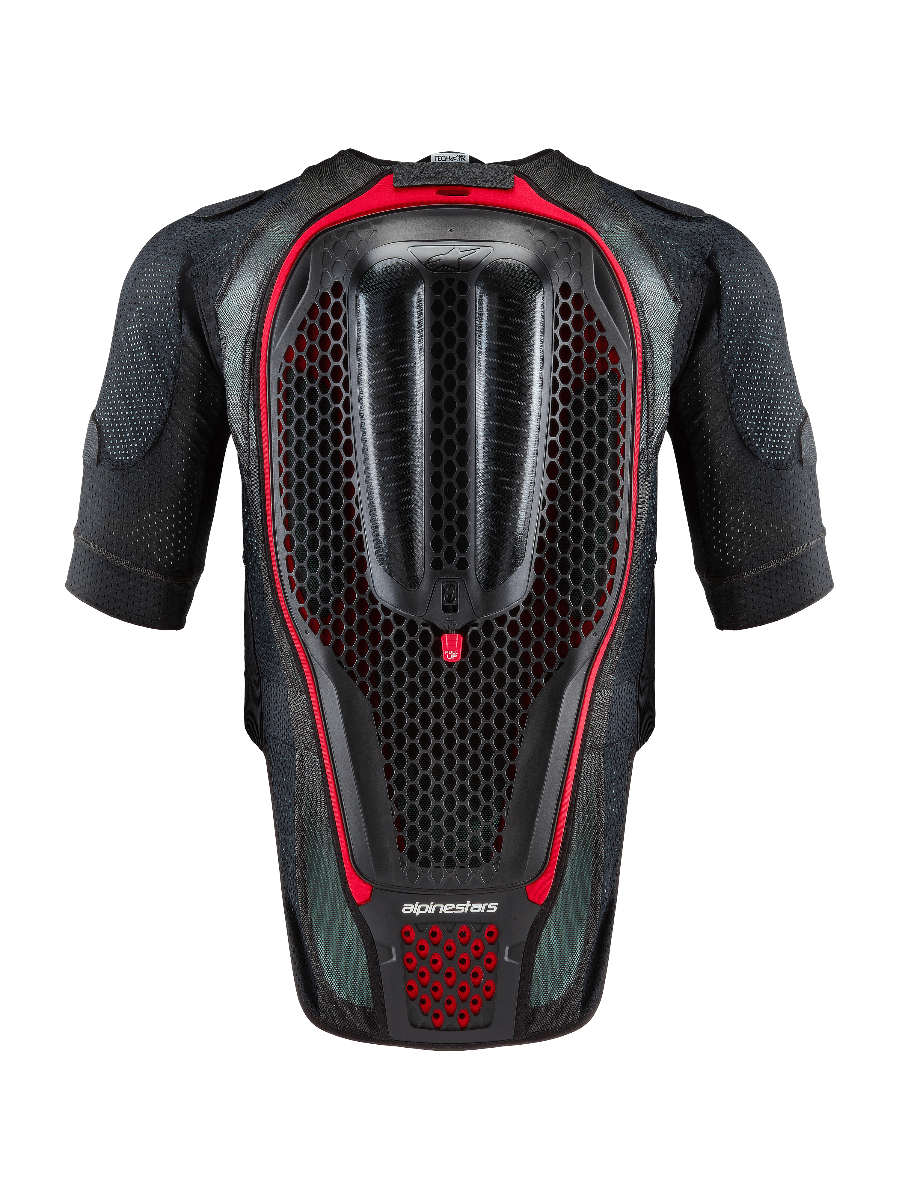 Alpinestars Tech-Air® 7X System, autonomiczna motocyklowa kamizelka z poduszką powietrzną, czarno-czerwona, widok z tyłu pokazujący zintegrowany ochraniacz pleców o strukturze plastra miodu i wentylowaną konstrukcję z siatki do jazdy torowej i drogowej.