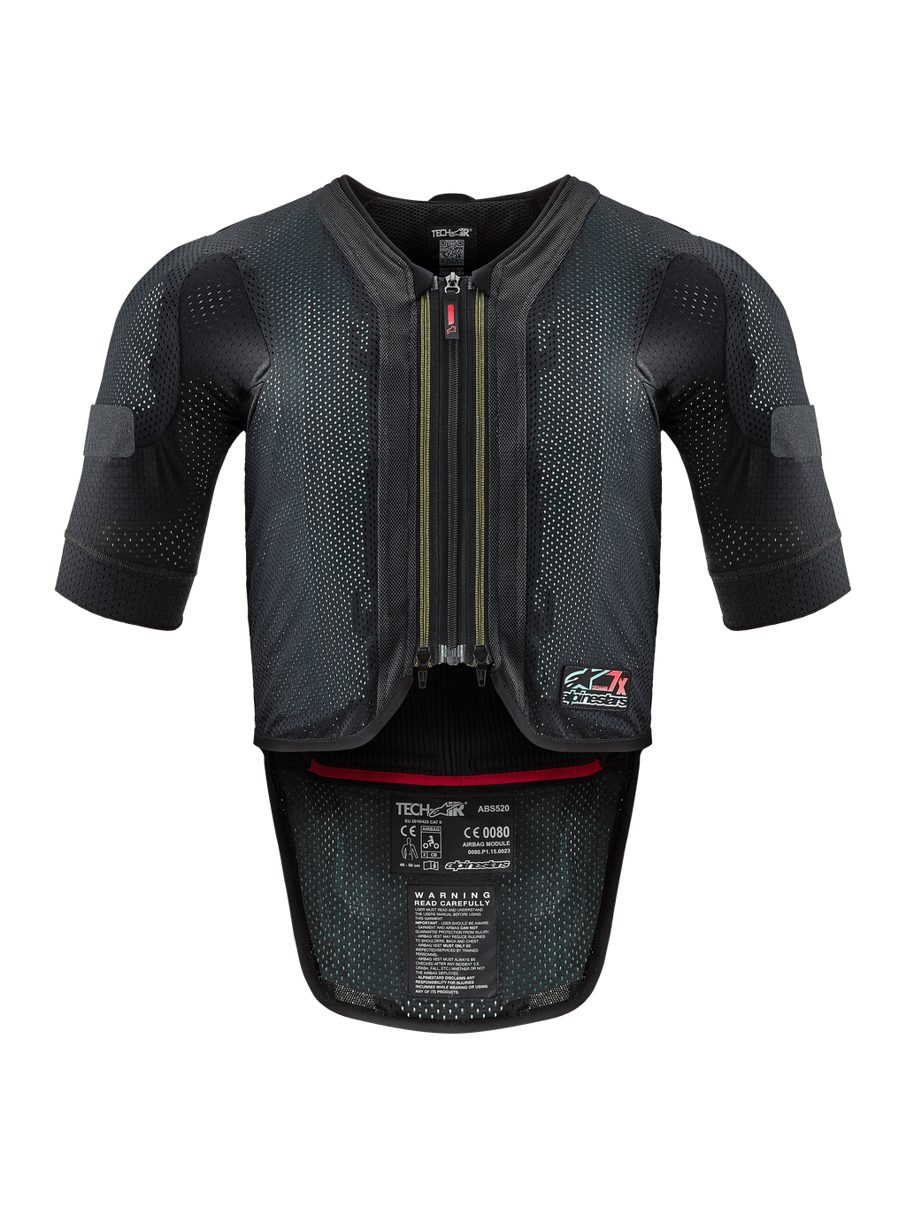 Alpinestars Tech-Air® 7X System, motocyklowa kamizelka z poduszką powietrzną, czarno-czerwona, widok z przodu z wentylowaną siatkową konstrukcją, centralny zamek z czerwonym uchwytem i wewnętrzne etykiety certyfikacyjne, wysokowydajna ochrona do jazdy torowej i drogowej