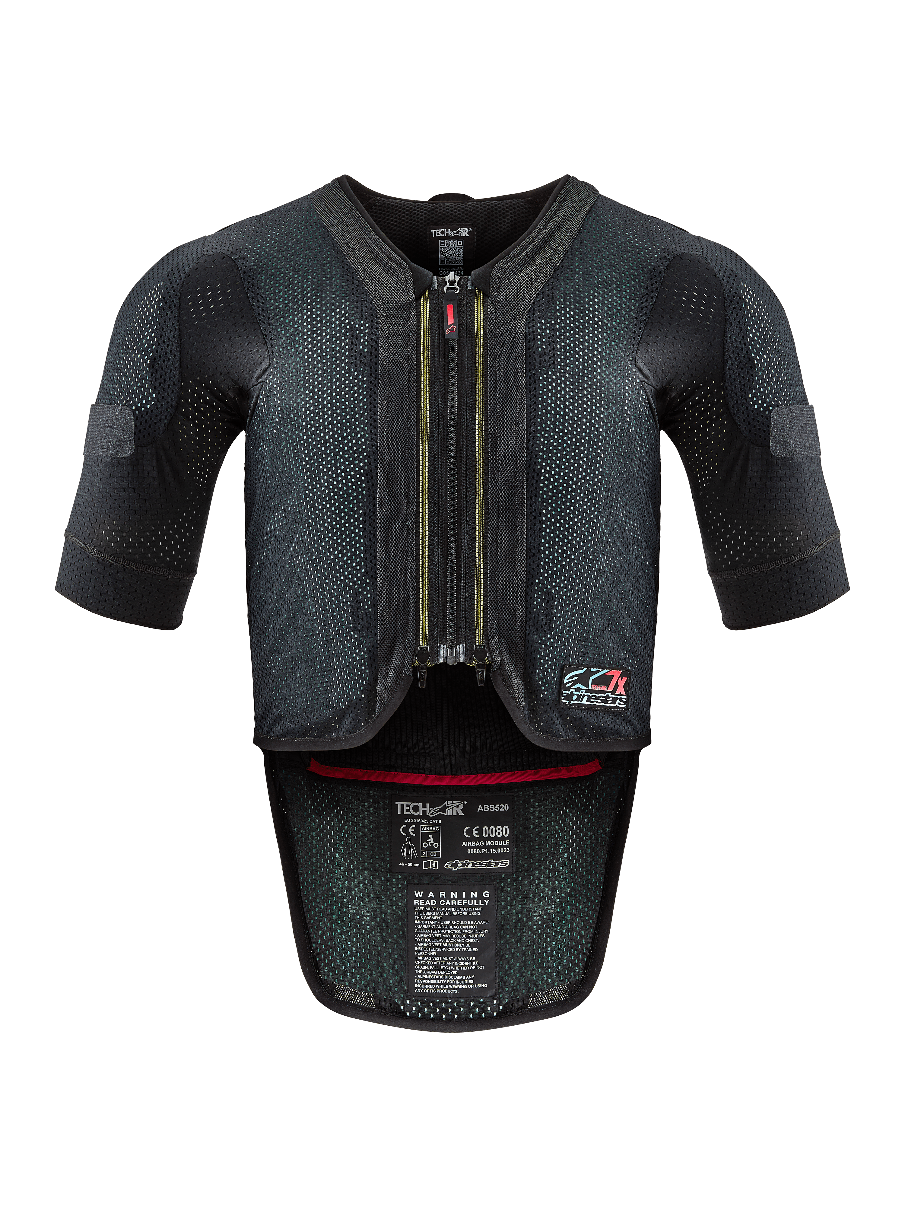 Alpinestars Tech-Air® 7X System, motocyklowa kamizelka z poduszką powietrzną, czarno-czerwona, widok z przodu z wentylowaną siatkową konstrukcją, centralny zamek z czerwonym uchwytem i wewnętrzne etykiety certyfikacyjne, wysokowydajna ochrona do jazdy torowej i drogowej