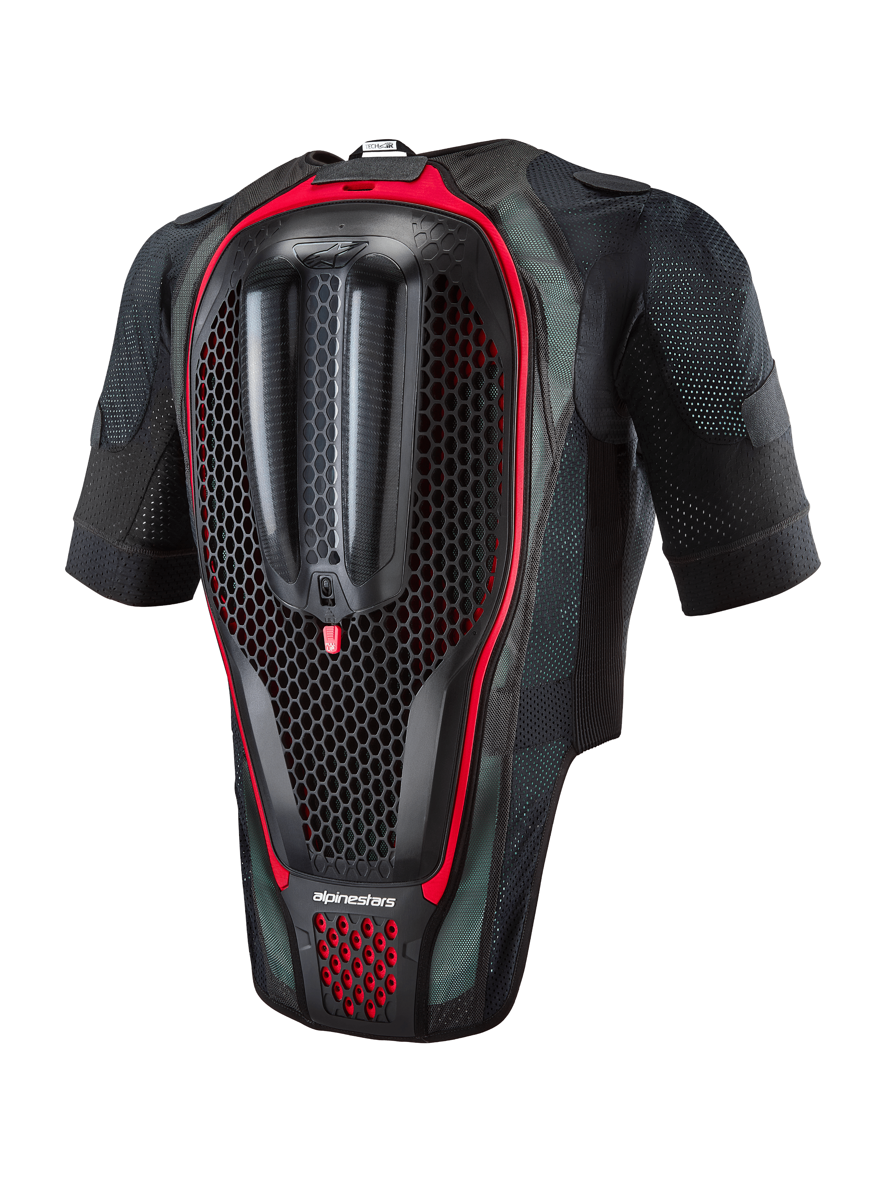 Alpinestars Tech-Air® 7X System, motocyklowa kamizelka z poduszką powietrzną, widok z tyłu przedstawiający zintegrowany ochraniacz pleców o strukturze plastra miodu, czarna tkanina typu mesh z czerwonymi akcentami, ergonomiczny sprzęt ochronny do wyścigów drogowych i na dni torowe