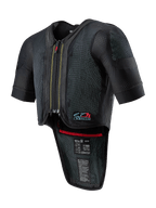 Alpinestars Tech-Air 7X System, motocyklowa kamizelka z poduszką powietrzną, czarna, zamek z przodu, wentylowana siateczka o strukturze kropkowanej, krótkie rękawy, przedłużony ochraniacz pleców, czerwone wykończenie wnętrza i logo Tech-Air 7X na klatce piersiowej, przeznaczona do wyścigów drogowych i na tor