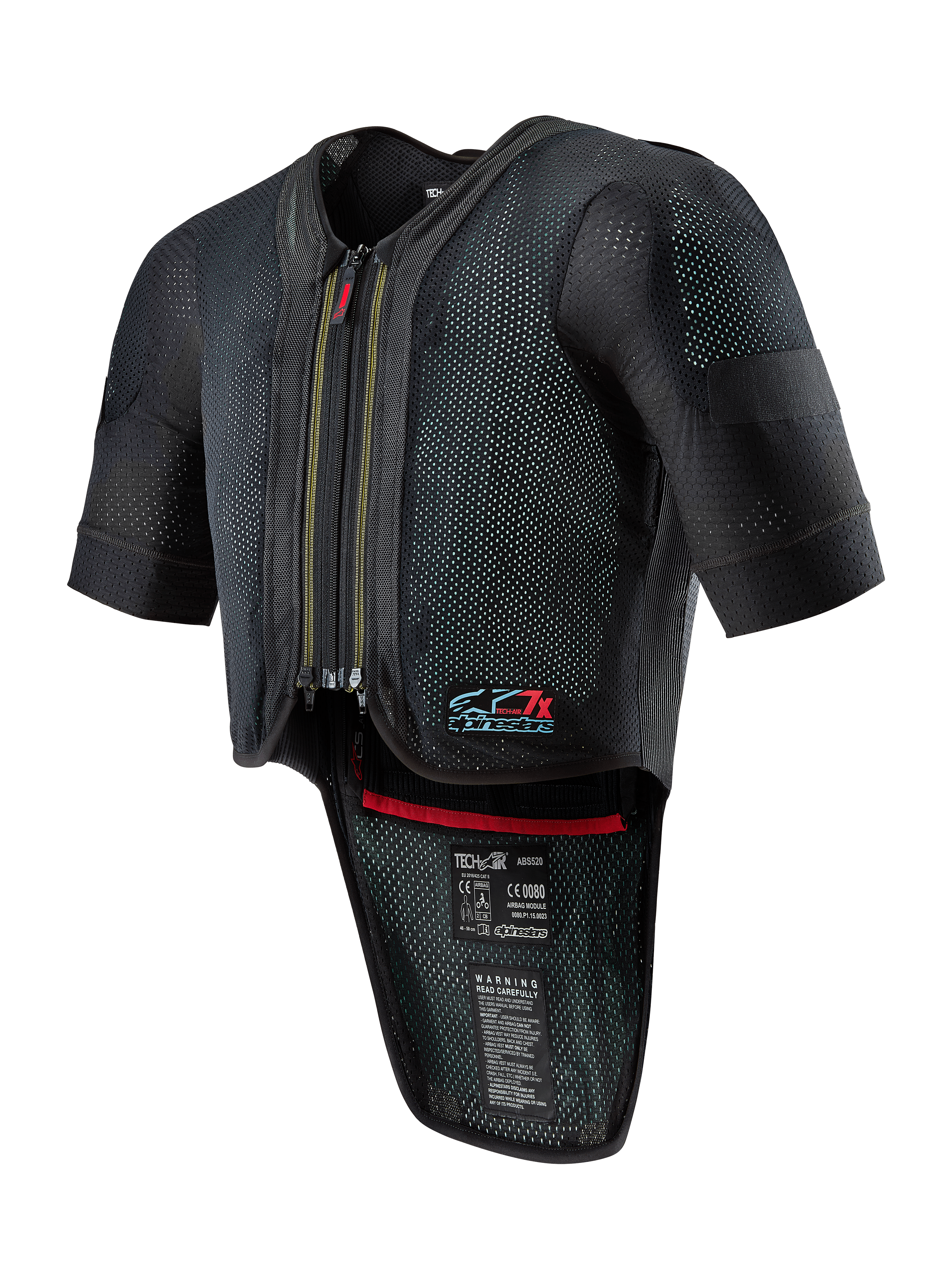 Alpinestars Tech-Air 7X System, motocyklowa kamizelka z poduszką powietrzną, czarna, zamek z przodu, wentylowana siateczka o strukturze kropkowanej, krótkie rękawy, przedłużony ochraniacz pleców, czerwone wykończenie wnętrza i logo Tech-Air 7X na klatce piersiowej, przeznaczona do wyścigów drogowych i na tor