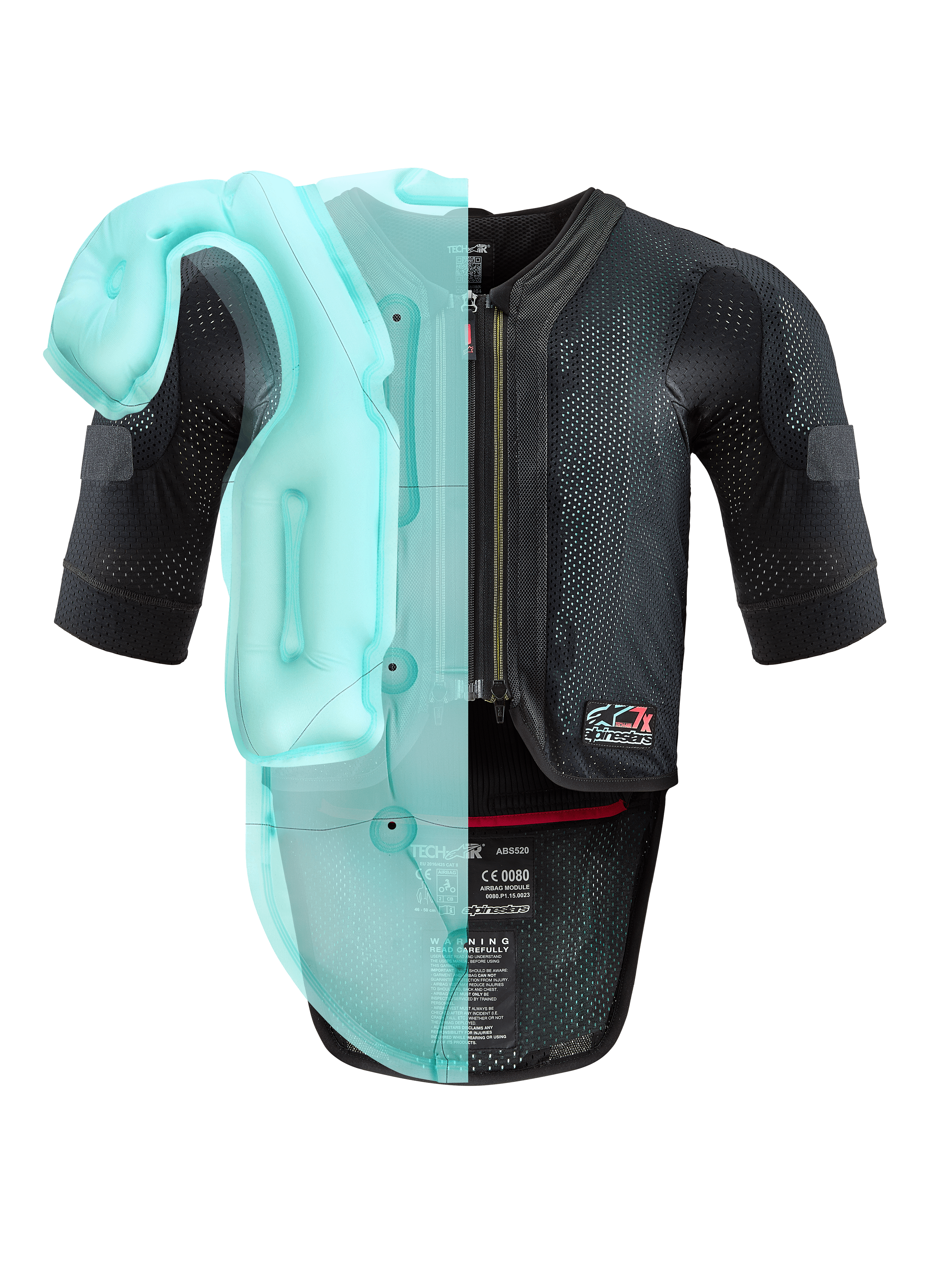 Alpinestars Tech-Air® 7X System, autonomiczna motocyklowa kamizelka z poduszką powietrzną, czarna siatkowa konstrukcja z jasnoniebieską przezroczystą wizualizacją wewnętrznej poduszki powietrznej, techniczna odzież ochronna z krótkimi rękawami i zintegrowanym ochraniaczem pleców