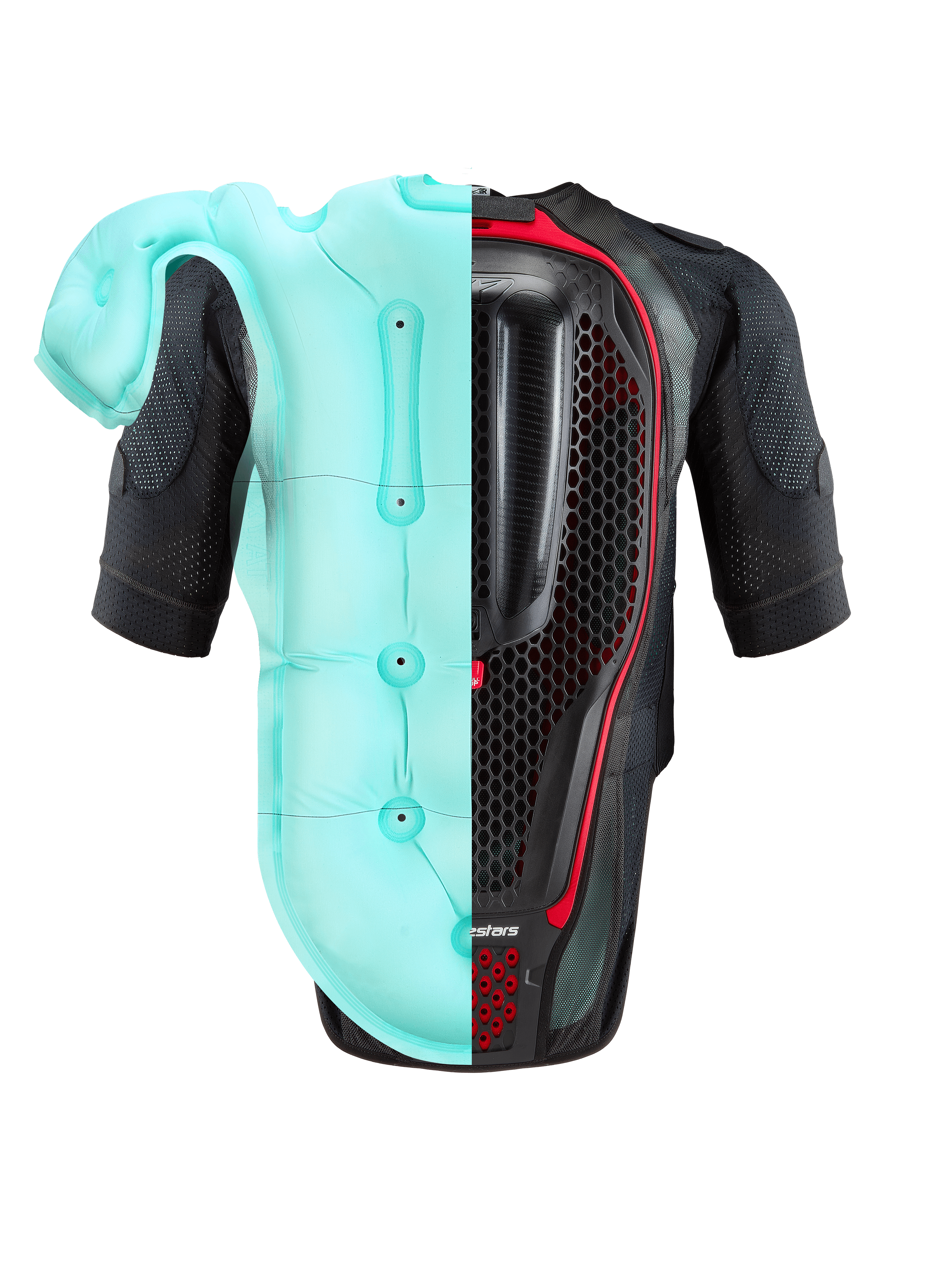 Alpinestars Tech-Air® 7X System, motocyklowa kamizelka z poduszką powietrzną, czarno-czerwona, widok z tyłu ukazujący zestawienie jasnoniebieskiego nadmuchanego pęcherza poduszki oraz wewnętrznego ochraniacza pleców o strukturze plastra miodu, zaawansowana ochrona na tor i ulicę.