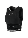 Alpinestars Stella Plasma Chest Protector, damska odzież motocrossowa, czarny z białymi detalami, siatkowa konstrukcja w stylu biustonosza sportowego, białe logo gwiazdy na piersi i markowy dolny pas, regulowane boczne klamry zapewniające bezpieczne dopasowanie