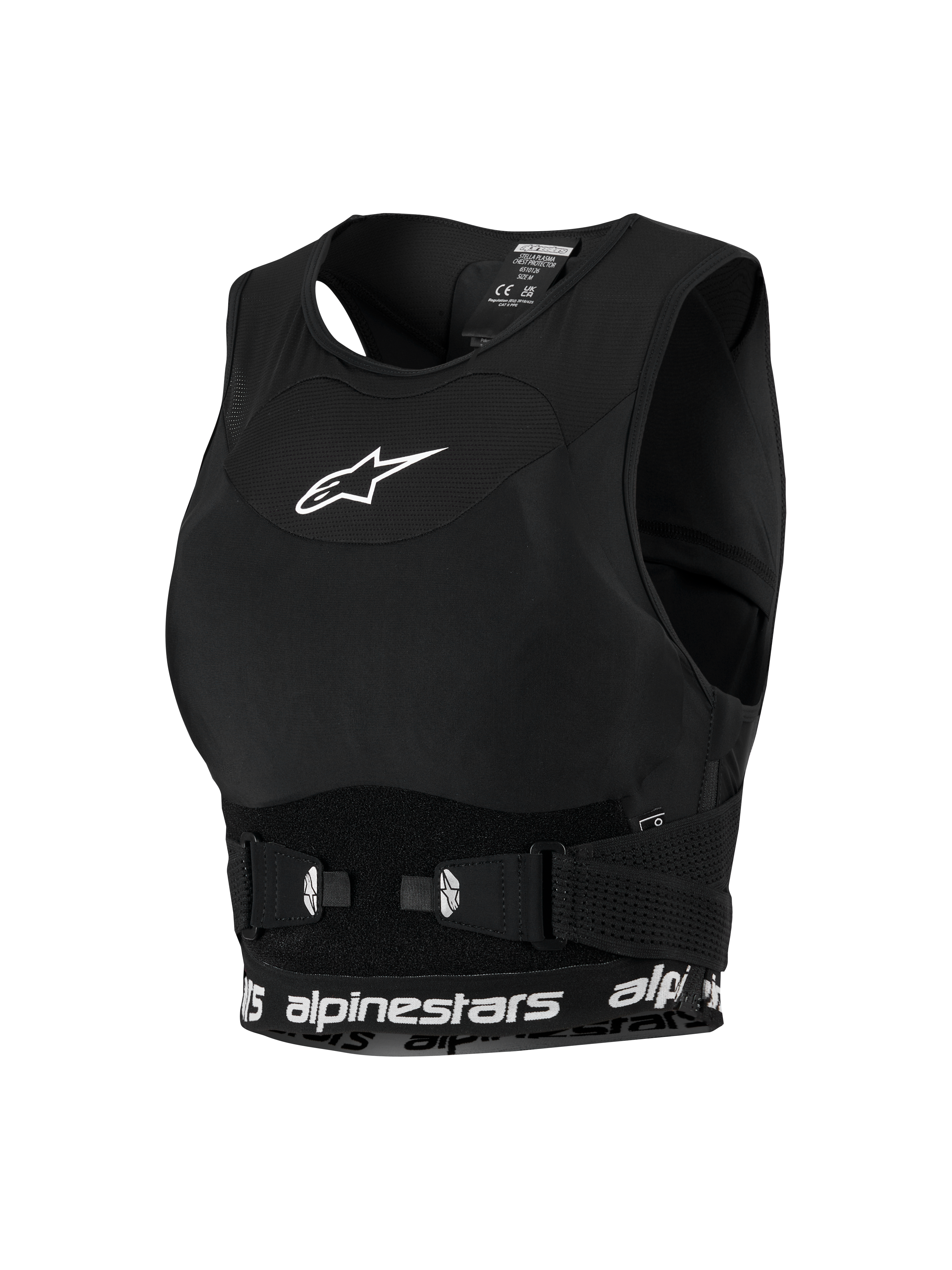 Alpinestars Stella Plasma Chest Protector, damska odzież motocrossowa, czarny z białymi detalami, siatkowa konstrukcja w stylu biustonosza sportowego, białe logo gwiazdy na piersi i markowy dolny pas, regulowane boczne klamry zapewniające bezpieczne dopasowanie