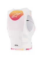 Damski ochraniacz klatki piersiowej Alpinestars Stella Plasma, Light Lilac Fade White, widok z tyłu z żółto-różowym gradientem i białym logo, konstrukcja z białej oddychającej siateczki, perforowane paski boczne dla ochrony off-road