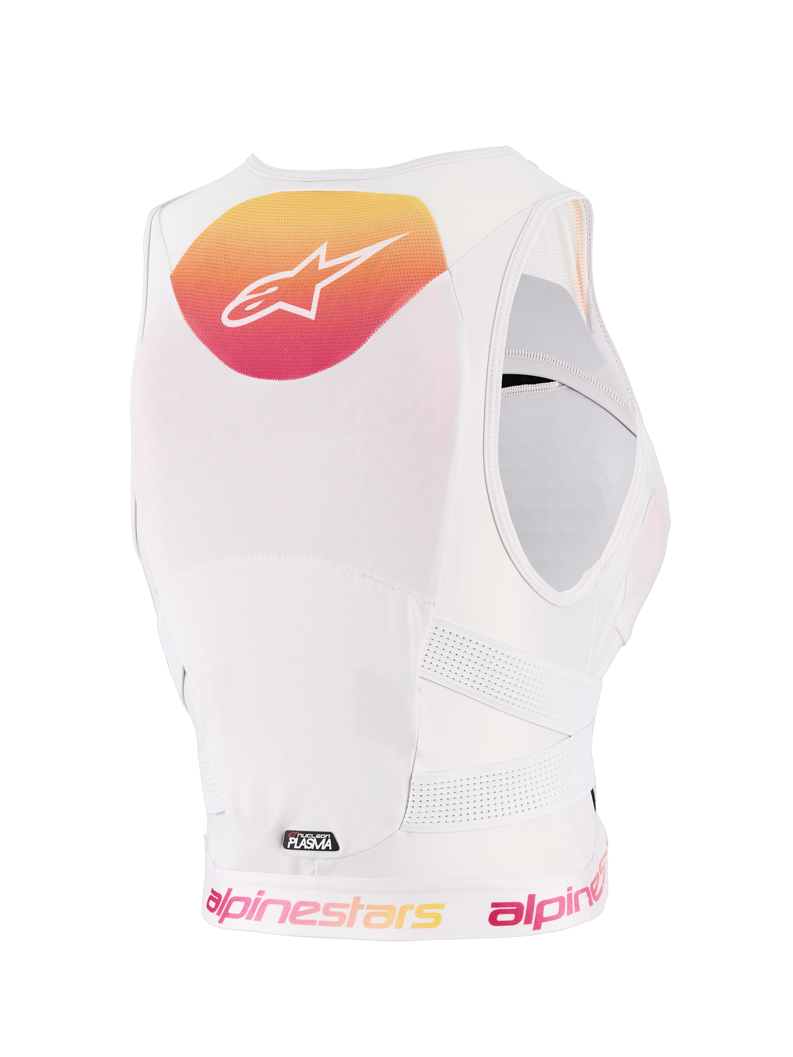 Damski ochraniacz klatki piersiowej Alpinestars Stella Plasma, Light Lilac Fade White, widok z tyłu z żółto-różowym gradientem i białym logo, konstrukcja z białej oddychającej siateczki, perforowane paski boczne dla ochrony off-road