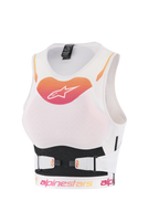 Alpinestars Stella Plasma Chest Protector, damska motocrossowa kamizelka ochronna, biała z pomarańczowo-różowym gradientowym logo, oddychająca konstrukcja siatkowa z regulowanymi paskami V-Belt, ergonomiczna zbroja off-road