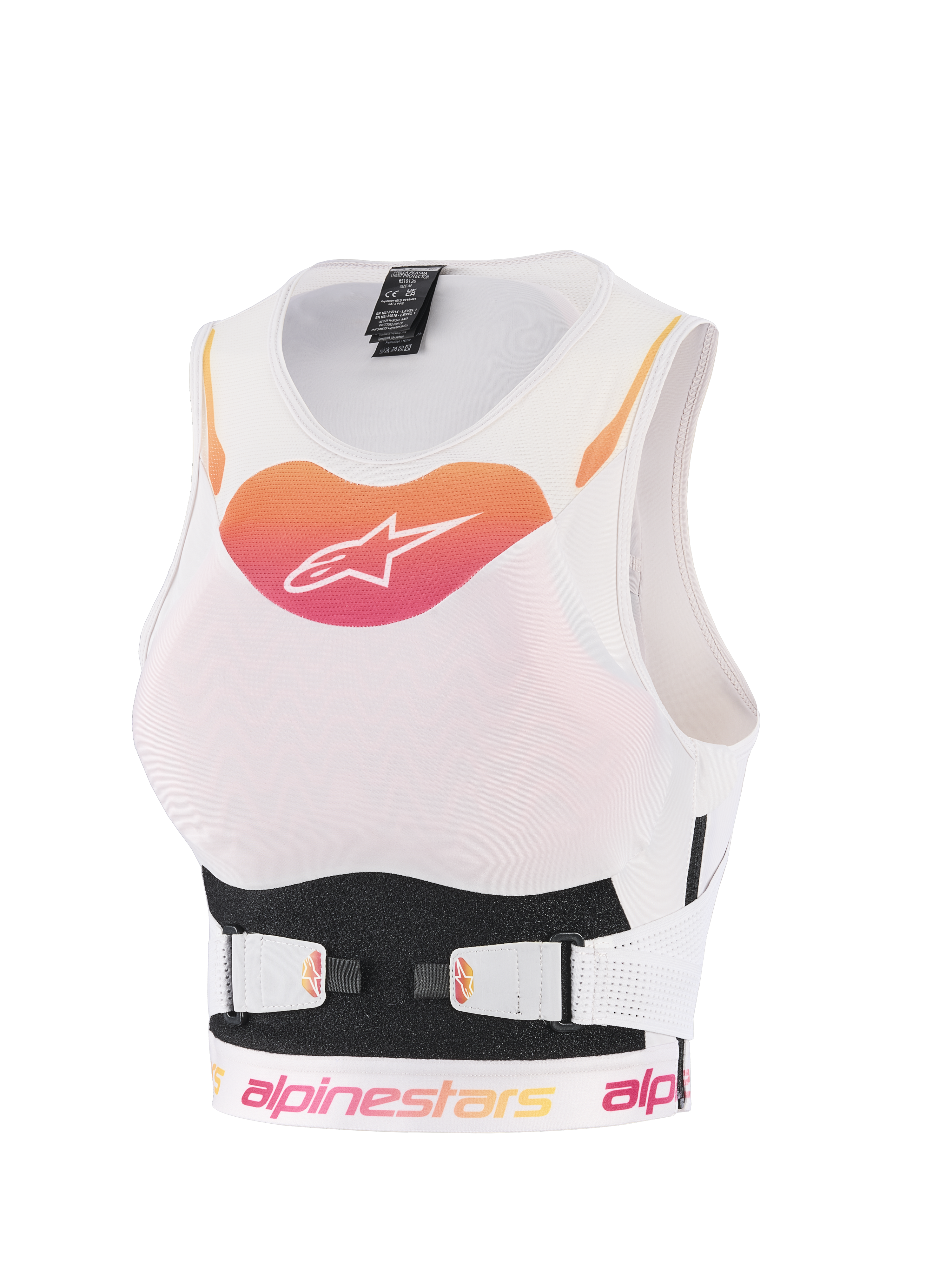 Alpinestars Stella Plasma Chest Protector, damska motocrossowa kamizelka ochronna, biała z pomarańczowo-różowym gradientowym logo, oddychająca konstrukcja siatkowa z regulowanymi paskami V-Belt, ergonomiczna zbroja off-road