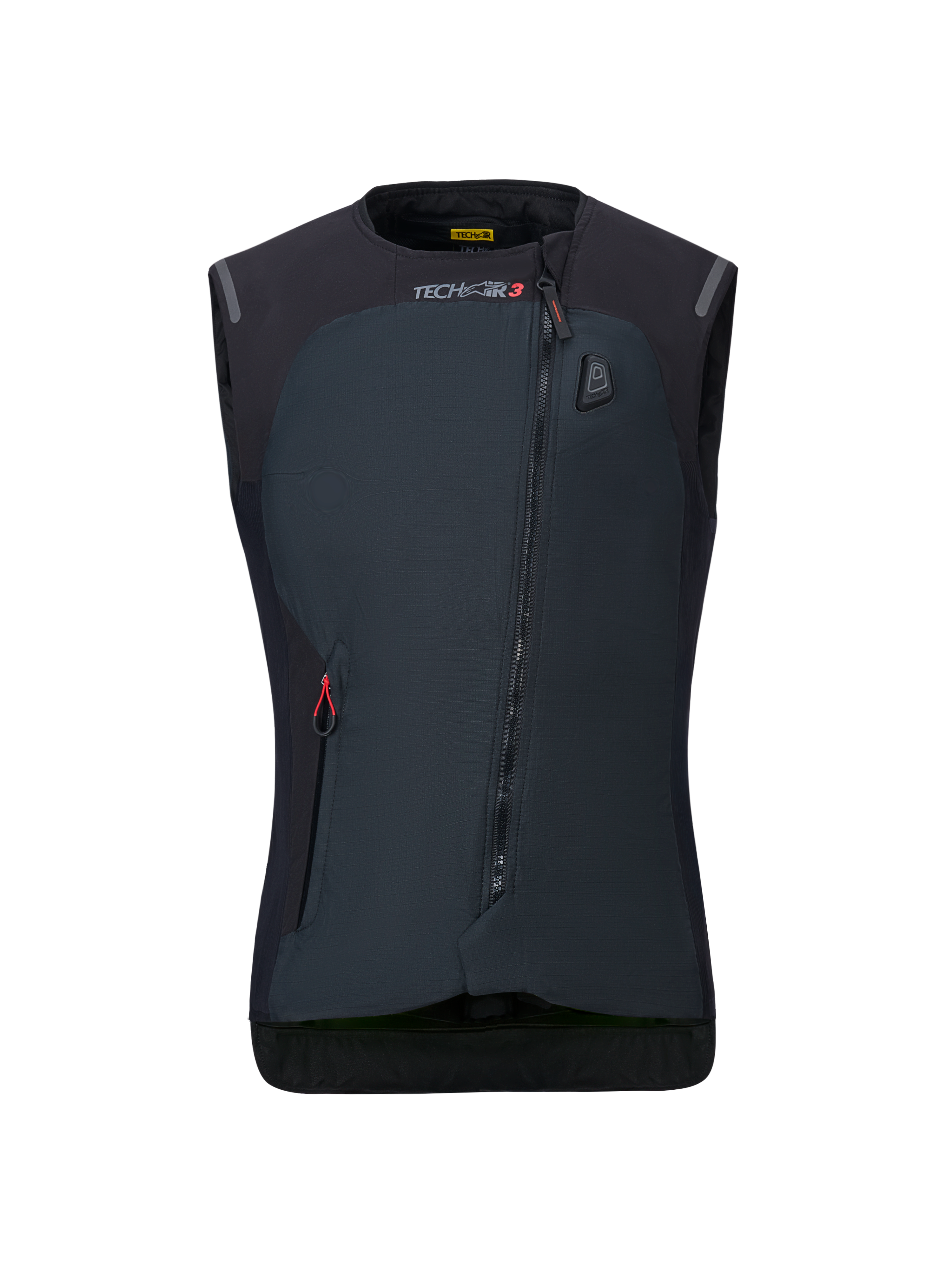 Alpinestars Stella Tech-Air 3 V2 System, damska czarna kamizelka motocyklowa z poduszką powietrzną, widok z przodu, z ukośnym zamkiem błyskawicznym, logo Tech-Air 3 i wskaźnikiem statusu LED na klatce piersiowej