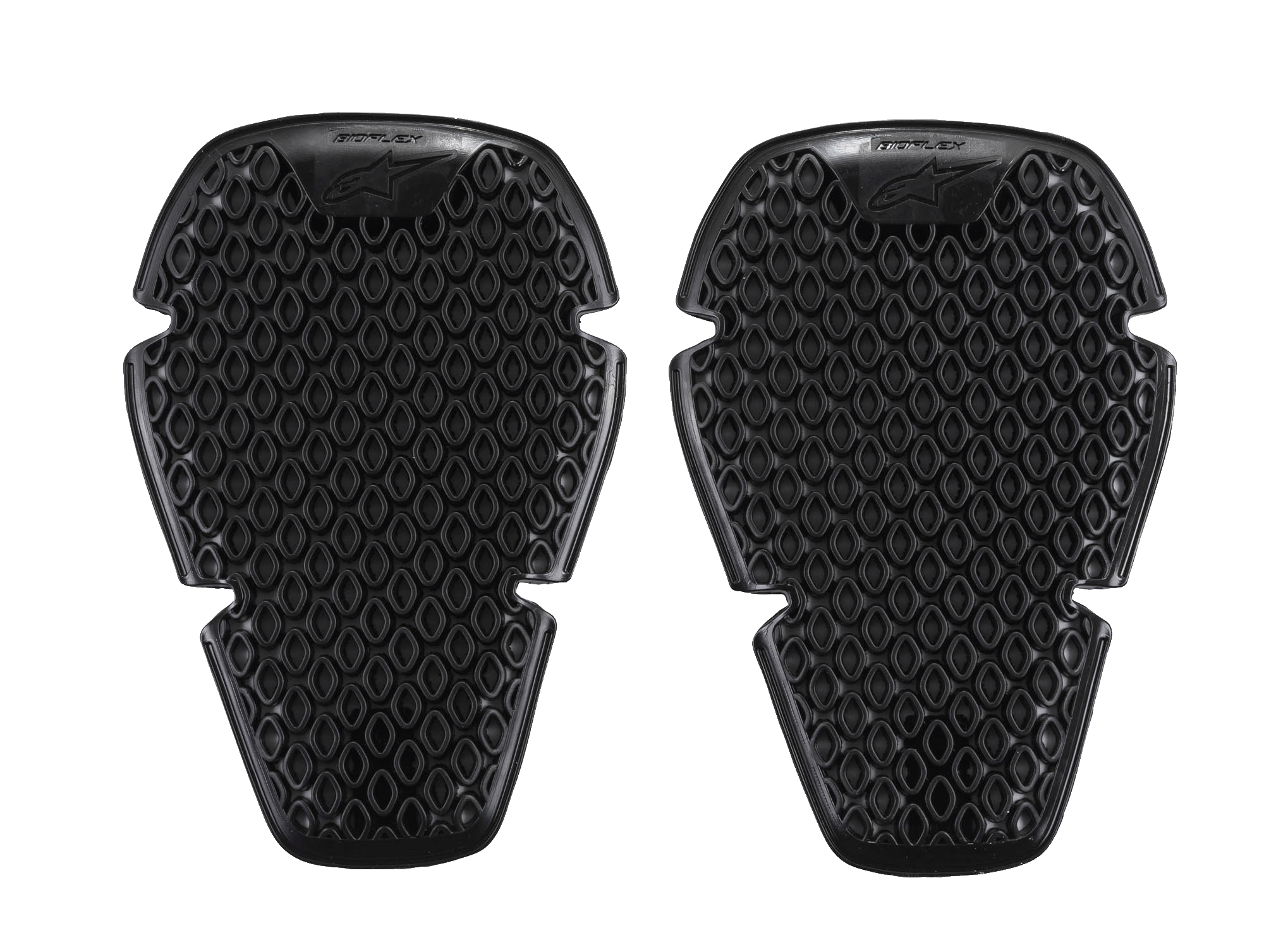 Alpinestars Bioflex Knee Protection, ochraniacze na kolana, czarne, para smukłych wkładek ochronnych o połączonej strukturze komórkowej z wentylacją w kształcie rombów, lekka ergonomiczna konstrukcja zapewniająca ochronę przed uderzeniami, logo Alpinestars i oznaczenie Bioflex na górze
