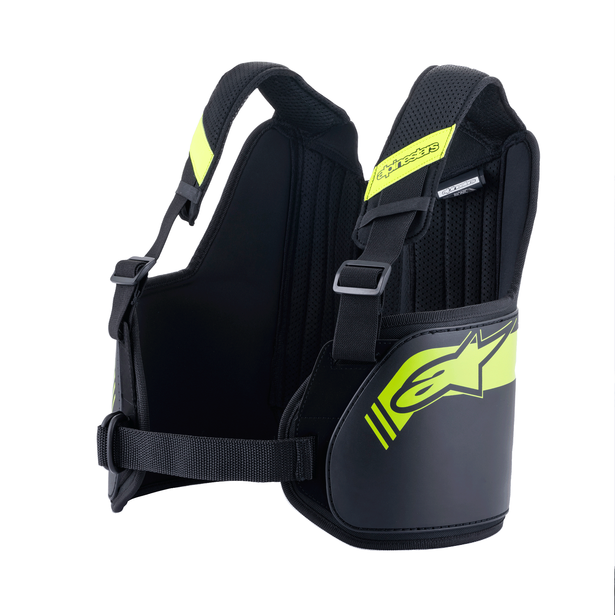 Alpinestars Bionic Rib Support, Karting Rib Protector, Black and Yellow Fluo, featuring adjustable straps and central chest belt, breathable mesh interior with padded panels, ergonomic design for kart racing protection