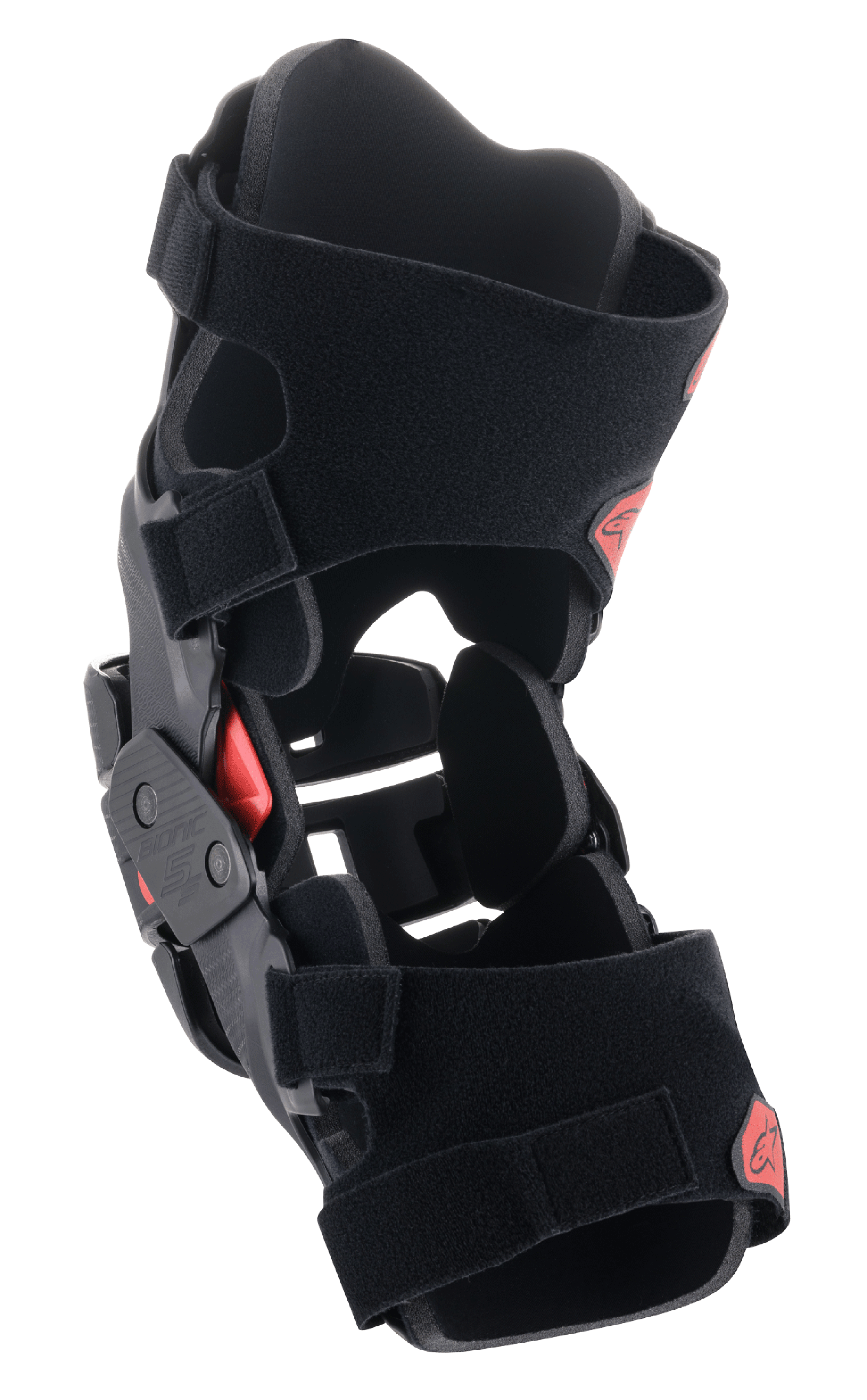 Alpinestars Youth Bionic 5S Knee Brace, młodzieżowy stabilizator kolana, czarno-czerwony, hybrydowa konstrukcja ramy, stabilny czteropunktowy system zawiasów, regulowane paski na rzepy, lekka i ochronna konstrukcja dla młodych zawodników off-road