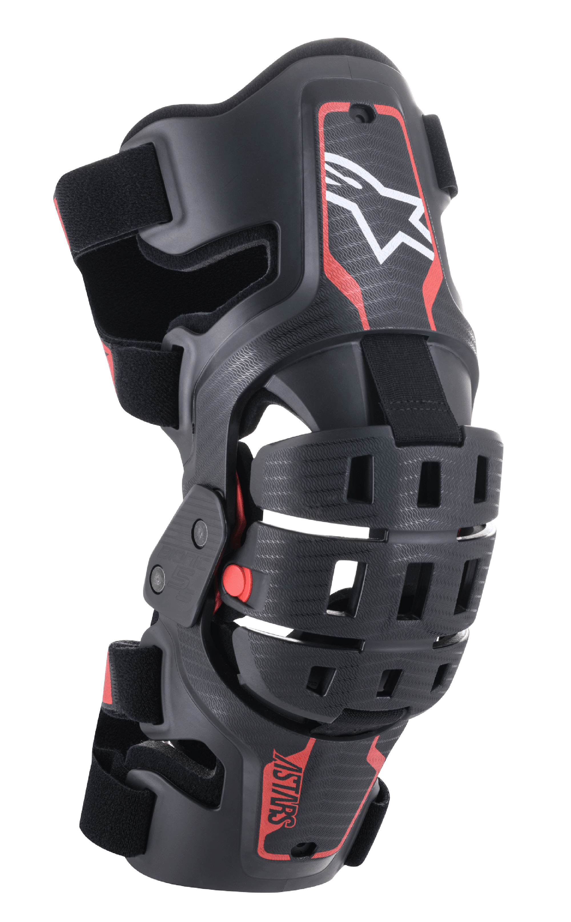 Alpinestars Youth Bionic 5S Knee Brace, ochraniacz kolana do motocrossu, czarno-czerwony z białym logo gwiazdy, system zawiasów czteropunktowych, wytrzymała kompozytowa rama z regulowanymi paskami, zaprojektowany do młodzieżowych wyścigów terenowych